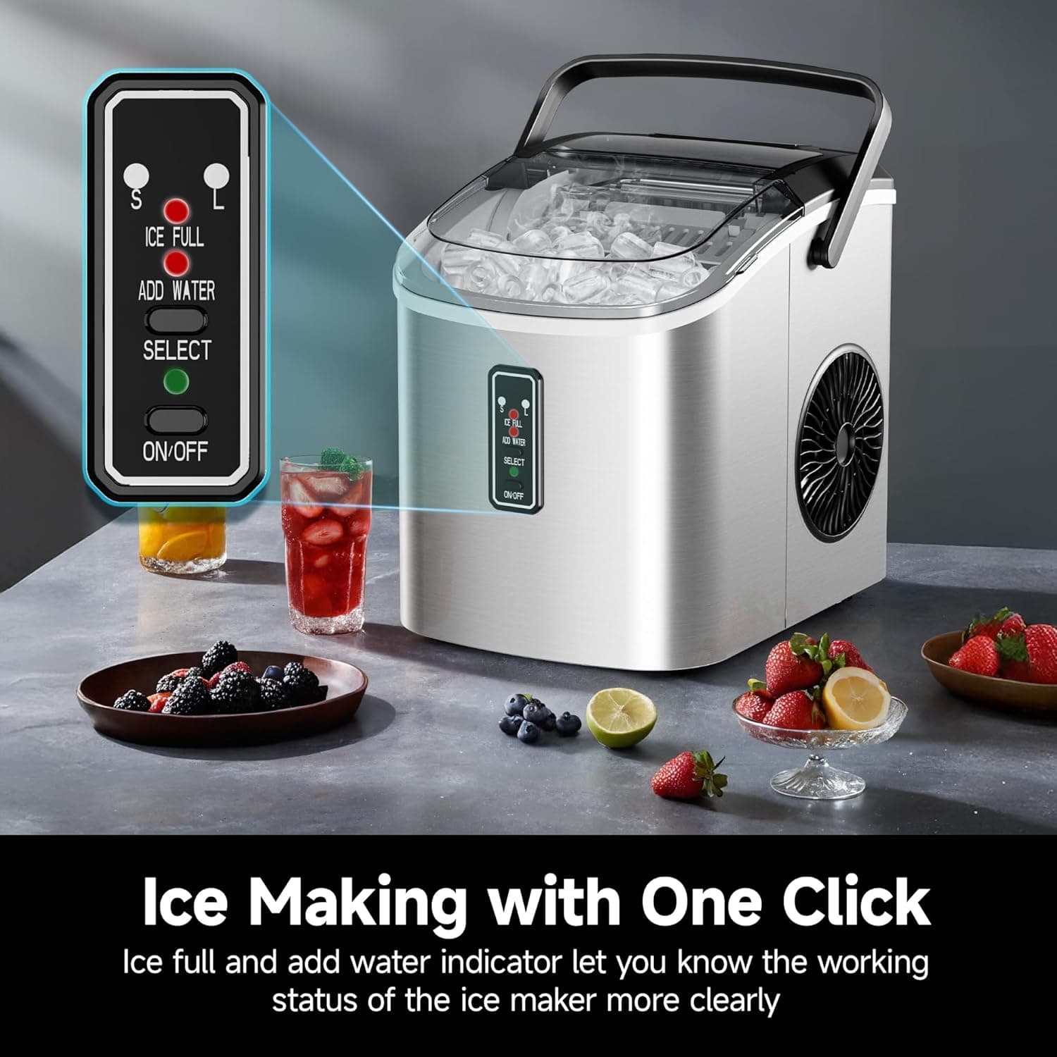 EUHOMY Ice Maker Countertop, 9 Cubes Ready in 6 Mins, 26lbs/24H, Self-Cleaning, Portable Ice Maker Machine with Carry Handle, Basket and Scoop, 2 Sizes of Bullet Ice for Home, Kitchen, Office - Image 5