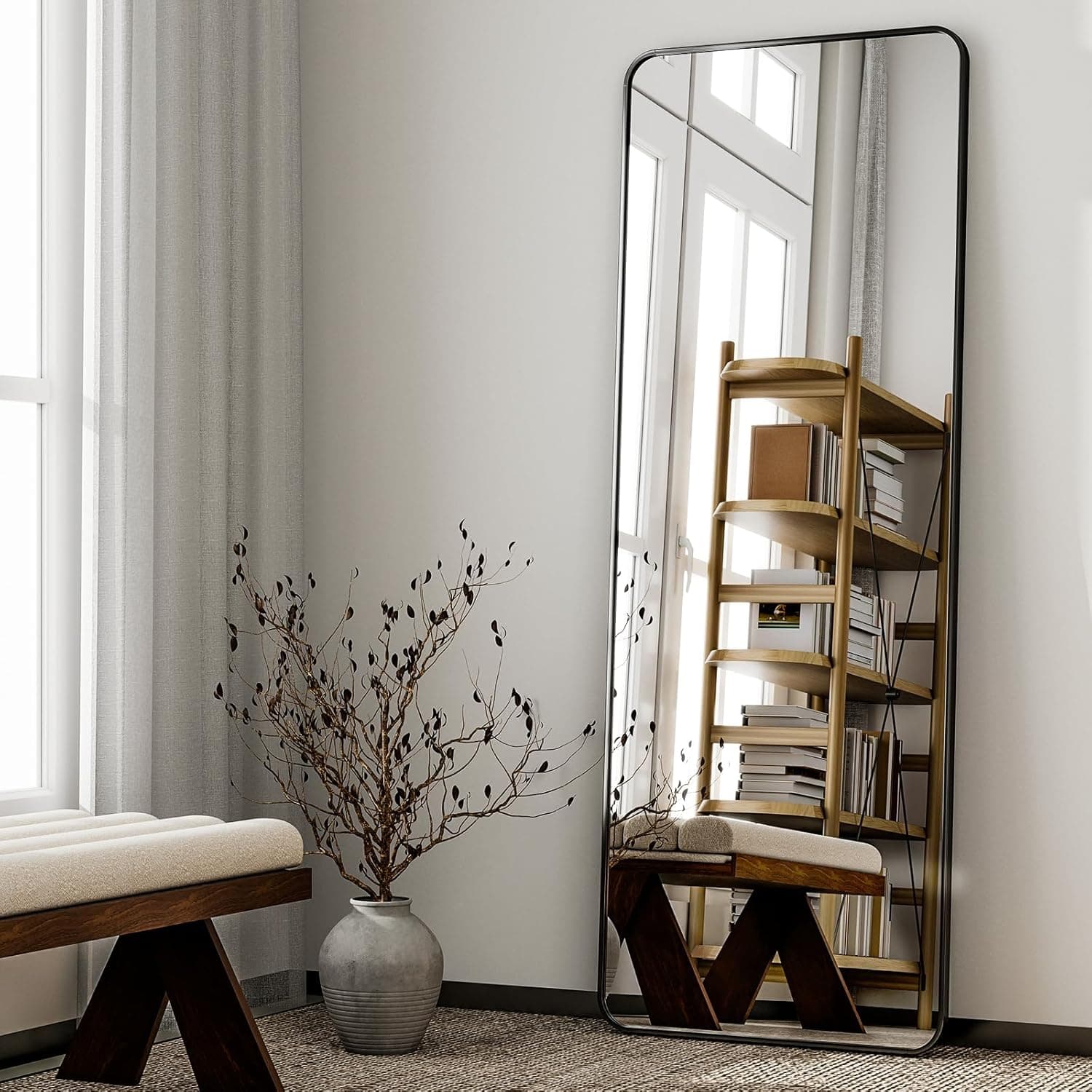 HARRITPURE 56"x21" Full Length Mirror, Black Rounded Corner Aluminum Frame Floor Standing Mirror Hanging/Leaning Wall for Living Room Bedroom Cloakroom Black 56"L x 21"W - Image 3