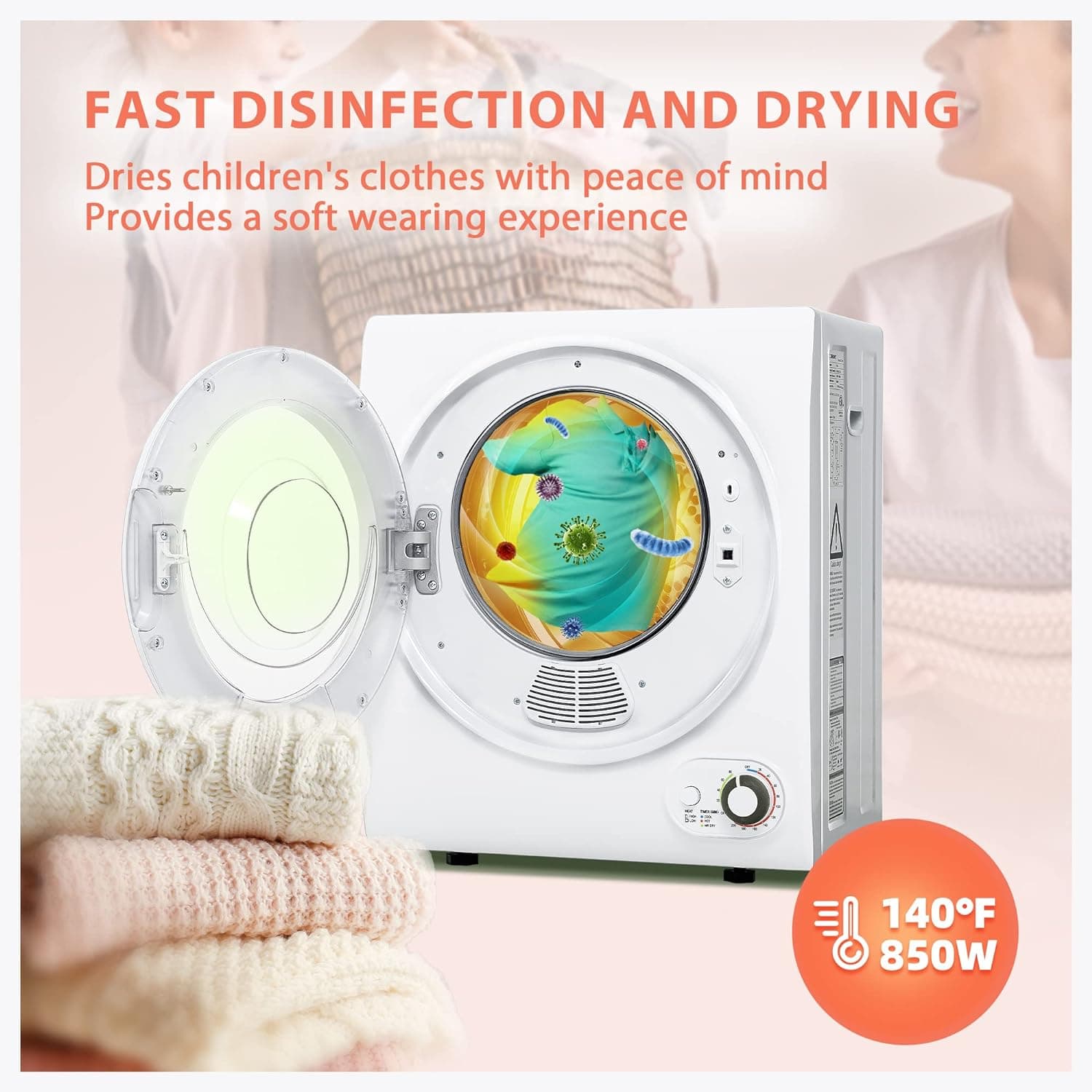 Euhomy Portable Dryer 1.5 cu. ft., 850W Powerful Clothes Dryer with Stainless Steel Drum and Exhaust Hose, Dryer Ideal for Apartments, RVs, Dorm Rooms，White 1.5 Cu.Ft. - Image 2