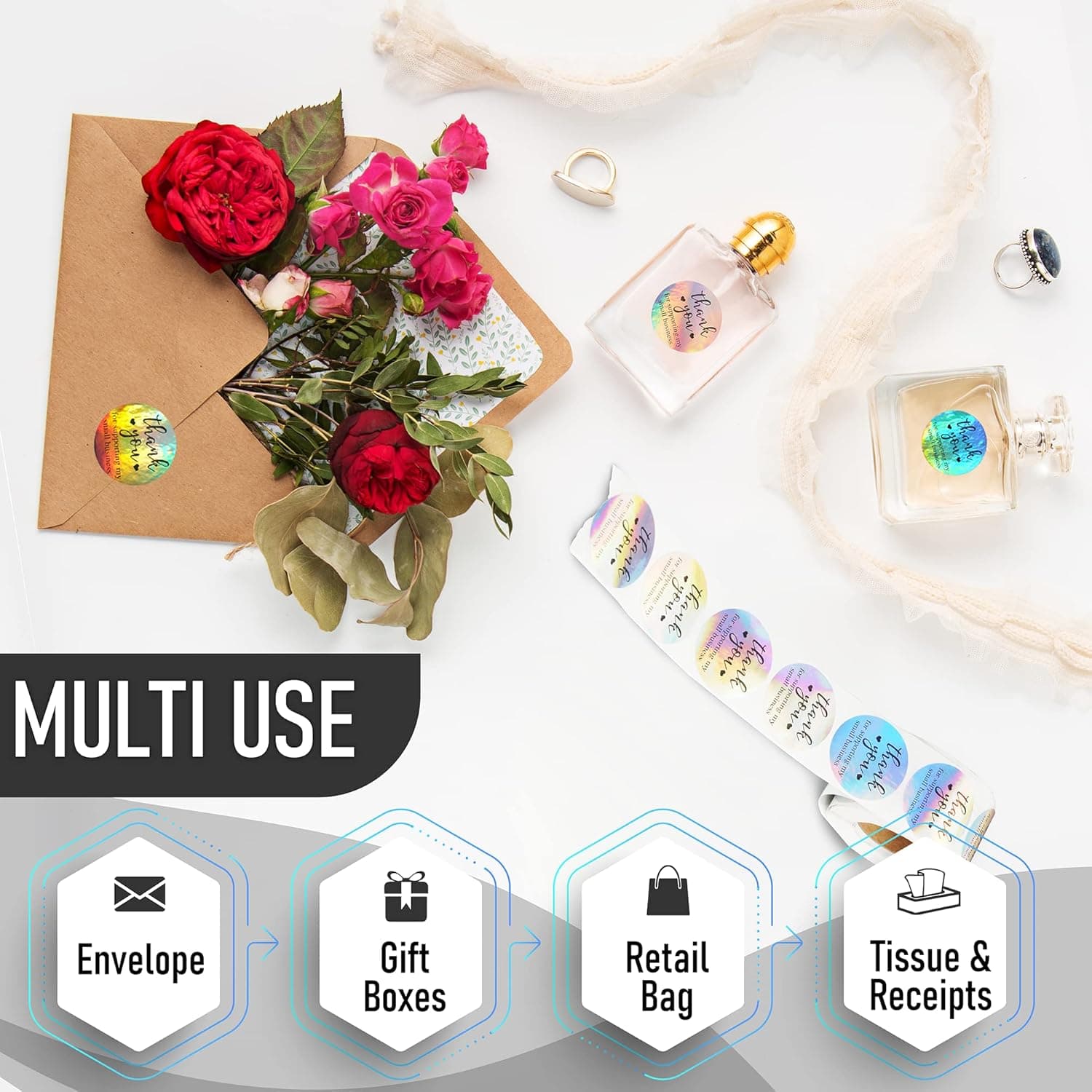 500 PCS Holographic Thank You for Supporting My Small Business Stickers – 1.5 Inch Round Self-Adhesive Waterproof Labels – Eye-Catching Packaging Seals for Orders, Gift Bags, Boxes & Envelopes - Image 8