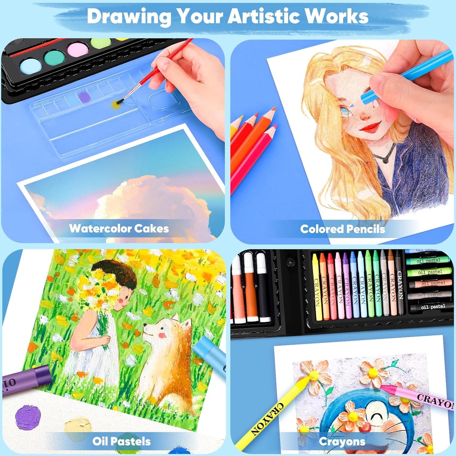 iBayam Art Supplies, 149-Pack Drawing Kit Painting Art Set Art Kits Gifts Box, Arts and Crafts for Kids Girls Boys, with Coloring Book, Crayons, Pastels, Pencils, Watercolor Pens & Cakes Black - Image 5