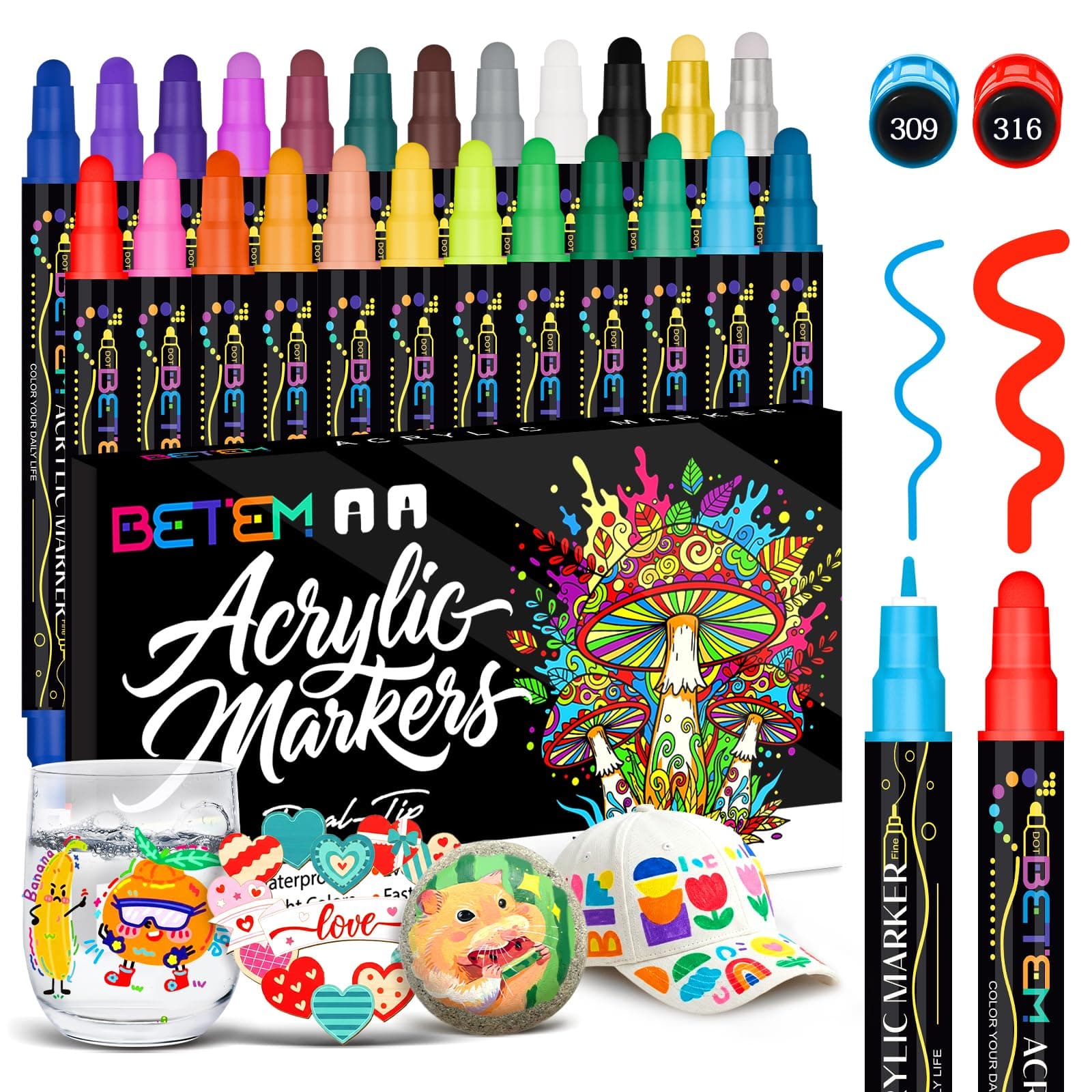 Betem 24 Colors Dual Tip Acrylic Paint Pens Markers, Premium Water-Based Acrylic Paint Markers for Fabric, Rock, Wood, Glass, Paper, Canvas, Ceramic, Fabric Paint Markers DIY Crafts Art Supplies Kit 24 Colors Paint Markers