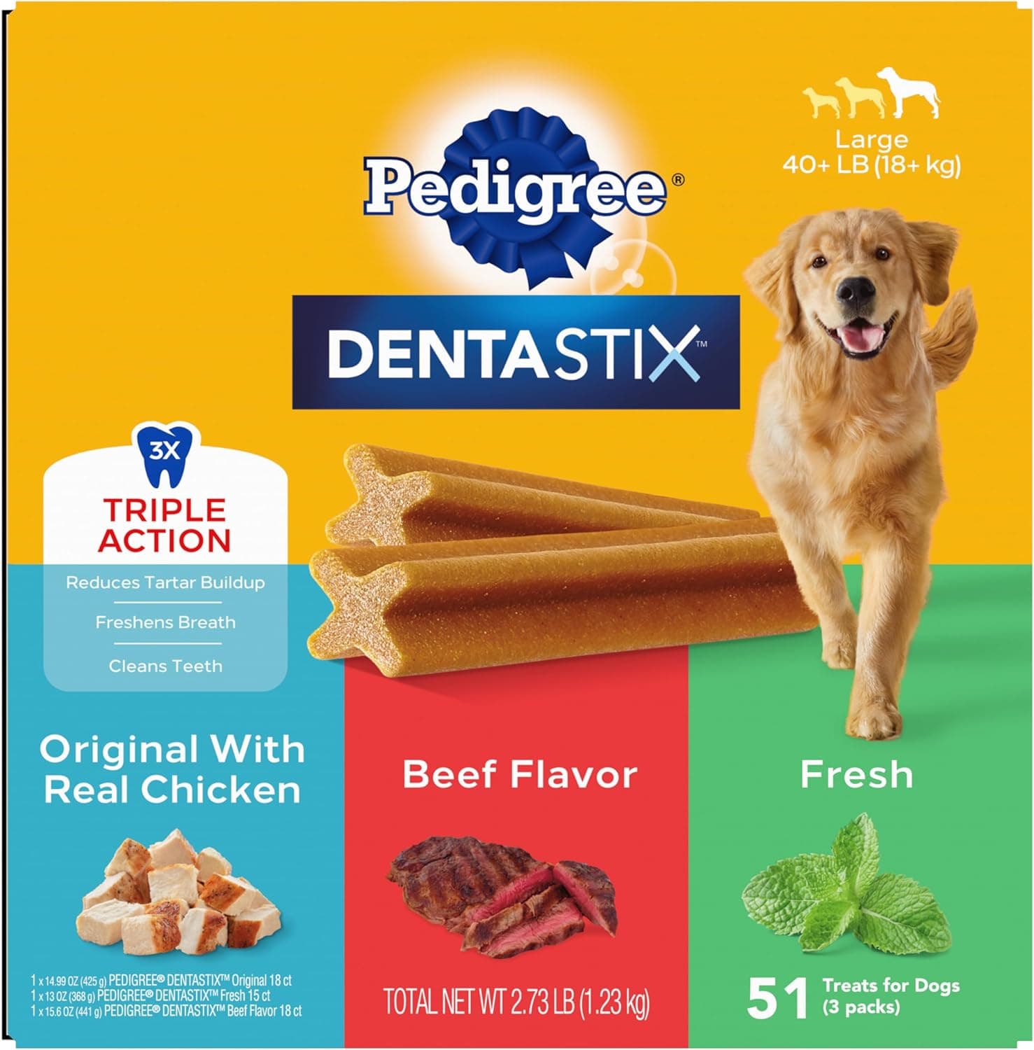 Pedigree Dentastix Large Breed Dog Treats, Original, Beef & Fresh Flavor, 2.73 lb. Variety Pack (51 Treats) Variety Pack 51 Count (Pack of 1) - Image 2