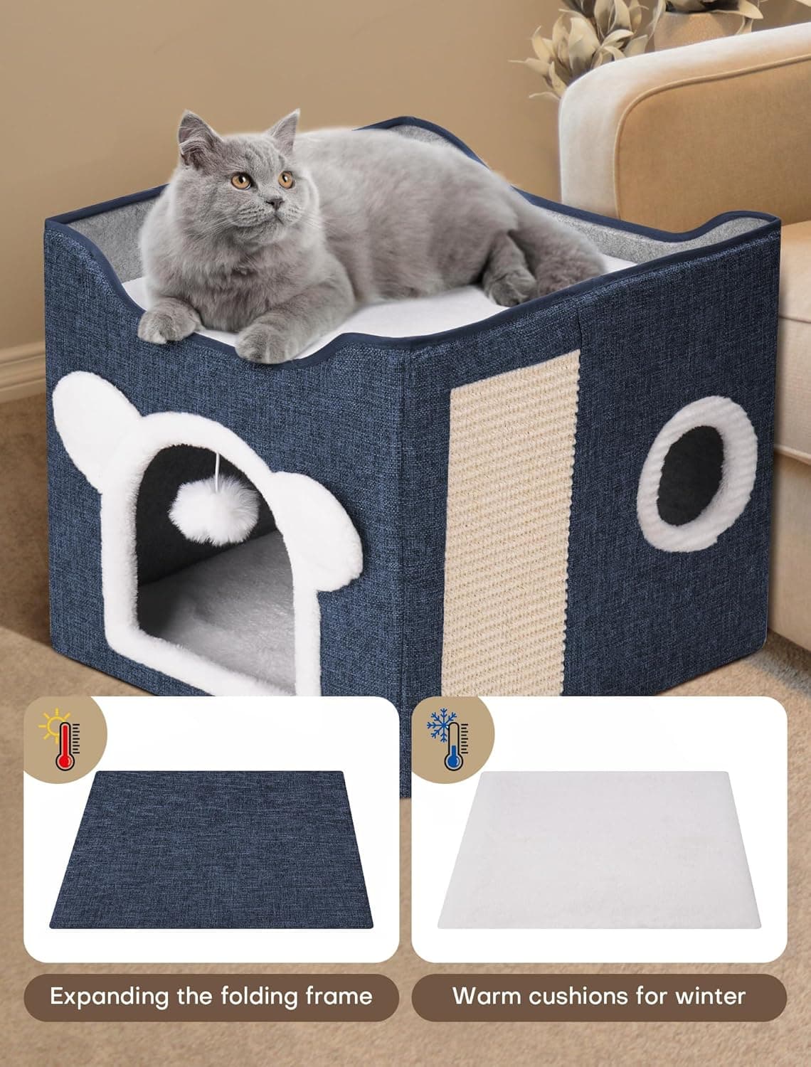 Cat Houses for Indoor Cats, Large Cat Cave with Fluffy Ball and Scratch Pad, Covered Cat Bed House, Foldable Cat Hideaway Deepblue - Image 5
