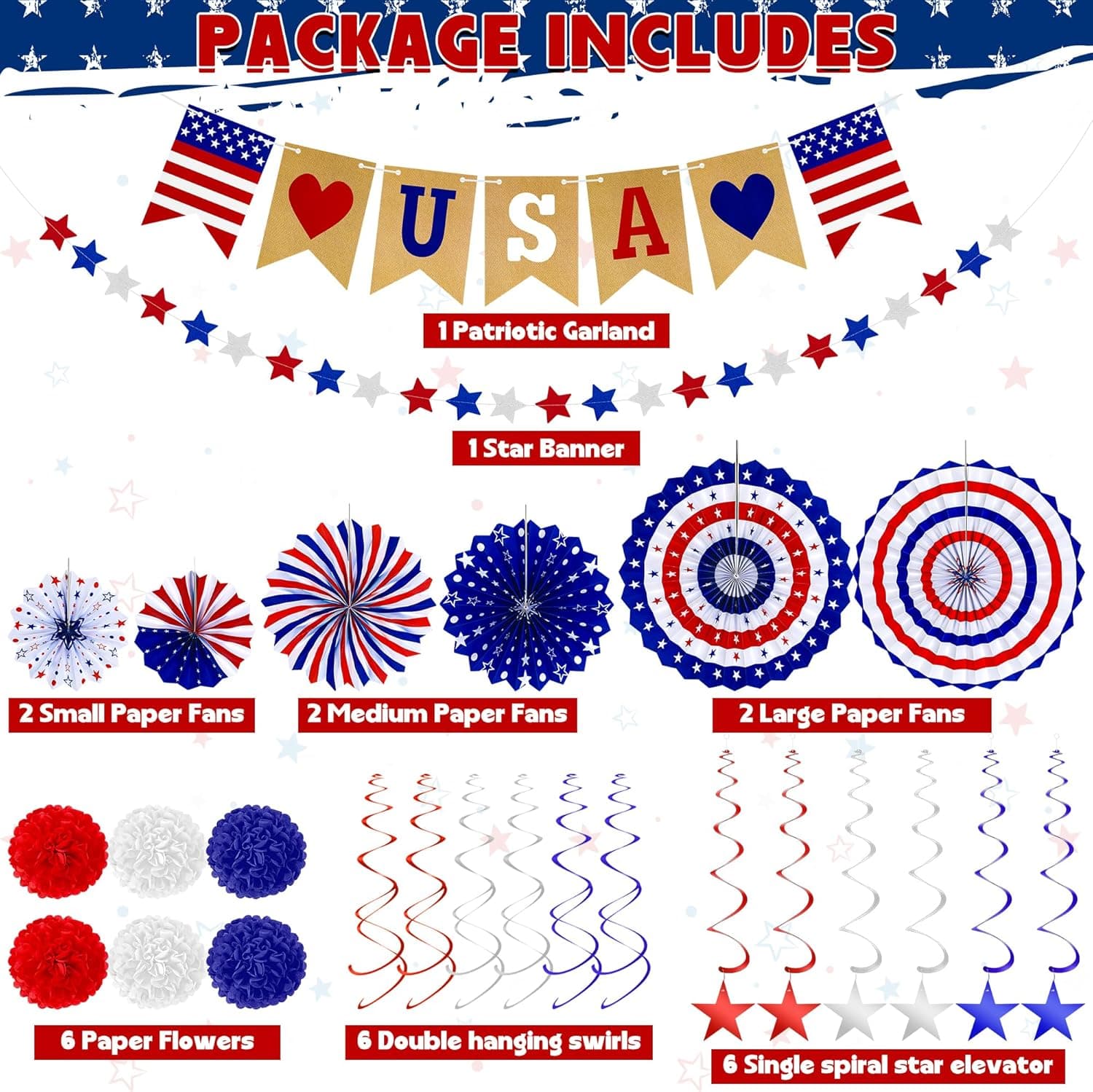 26 PCS 4th of July Decorations, Red White Blue Paper Fans in Patriotic Designs, 4th of July Banner Pompom Star Garland and Hanging Swirls Set for Fourth of July Independence Day Party Supplies Decor - Image 4