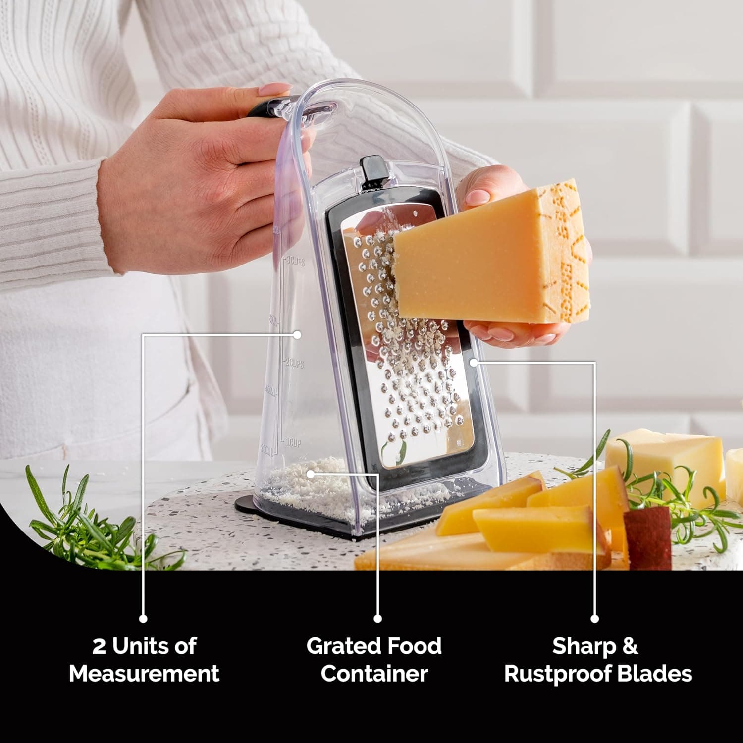 Cheese Grater with Garlic Crusher- Box Grater Vegetable Shredder with 3 Stainless Steel Blades - Graters for Kitchen- Cheese Graters with Handle - Garlic Mincer Tool and Vegetable Peeler - Image 5