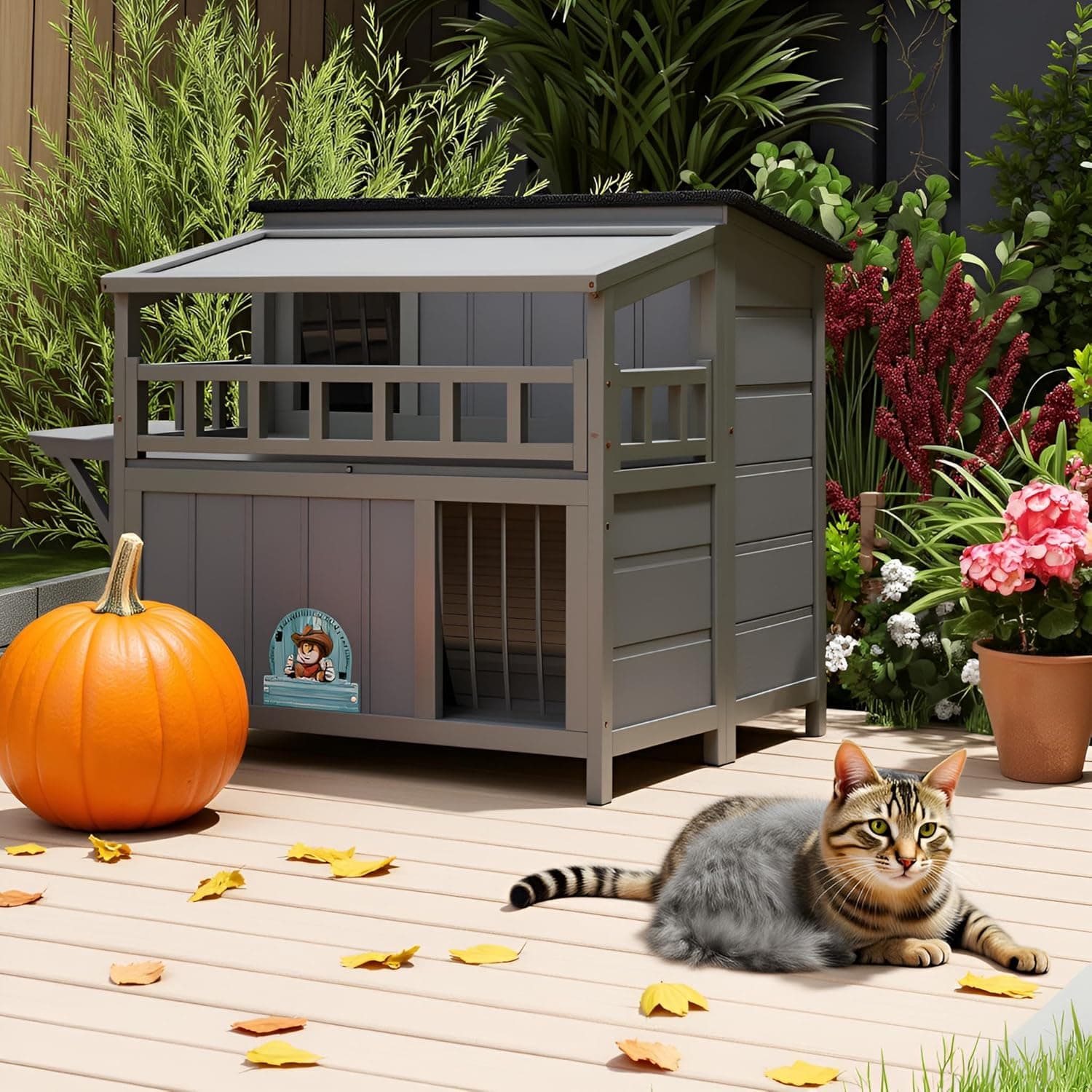 Outdoor Cat House, 2-Tier Warm Wood Cat Shelter with Sunlight Roof, Balcony, Jumping Platforms, Kitty Pet Porch Enclosure, Weatherproof, Openable, Gray Gray GENERAL - Image 8