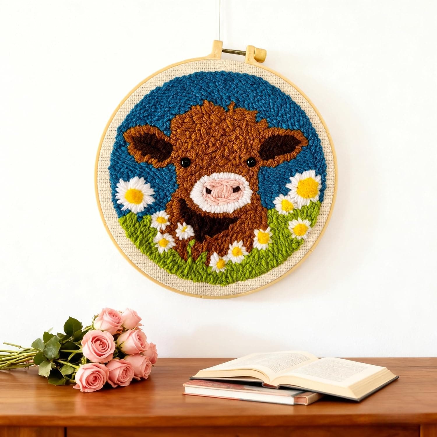 DIY Punch Needle Kits for Beginners Cute Cartoon Highland Cow with Daisy Flower with Hoop Embroidery Punch Needle Starter Craft Set Easy for Adults and Children Festival Gift and Decoration 20x20cm-1 01-Highland Cow - Image 6