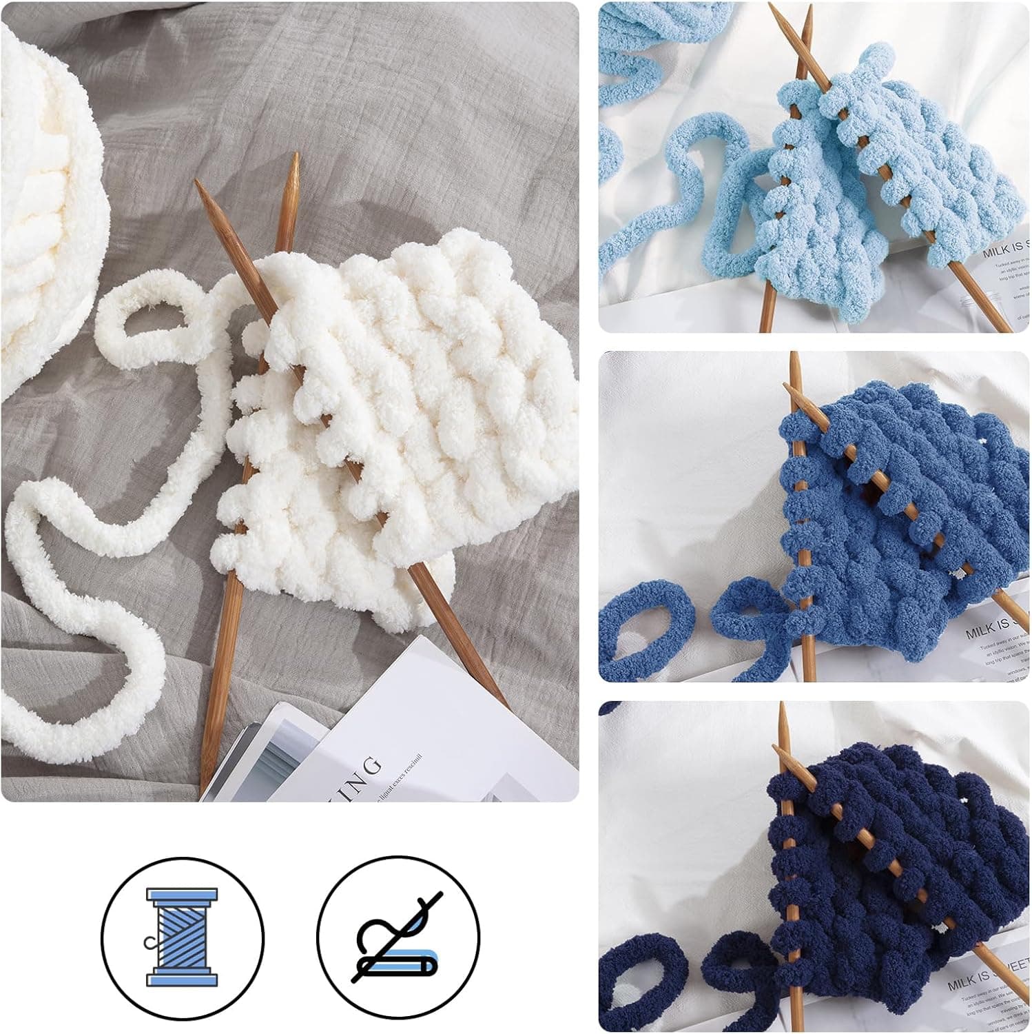 MABOZOO Assorted Chunky Yarn for Crocheting 8 Pack,Fluffy Jumbo Chenille Yarn,Soft Plush Yarn Bulky,Giant Thick Fuzzy Yarn for Hand or Arm Knitting,Cream & Multi Blue(31.7 yds,8 oz Each Skein) Cream & Multi Blue 8 Pack - Image 4