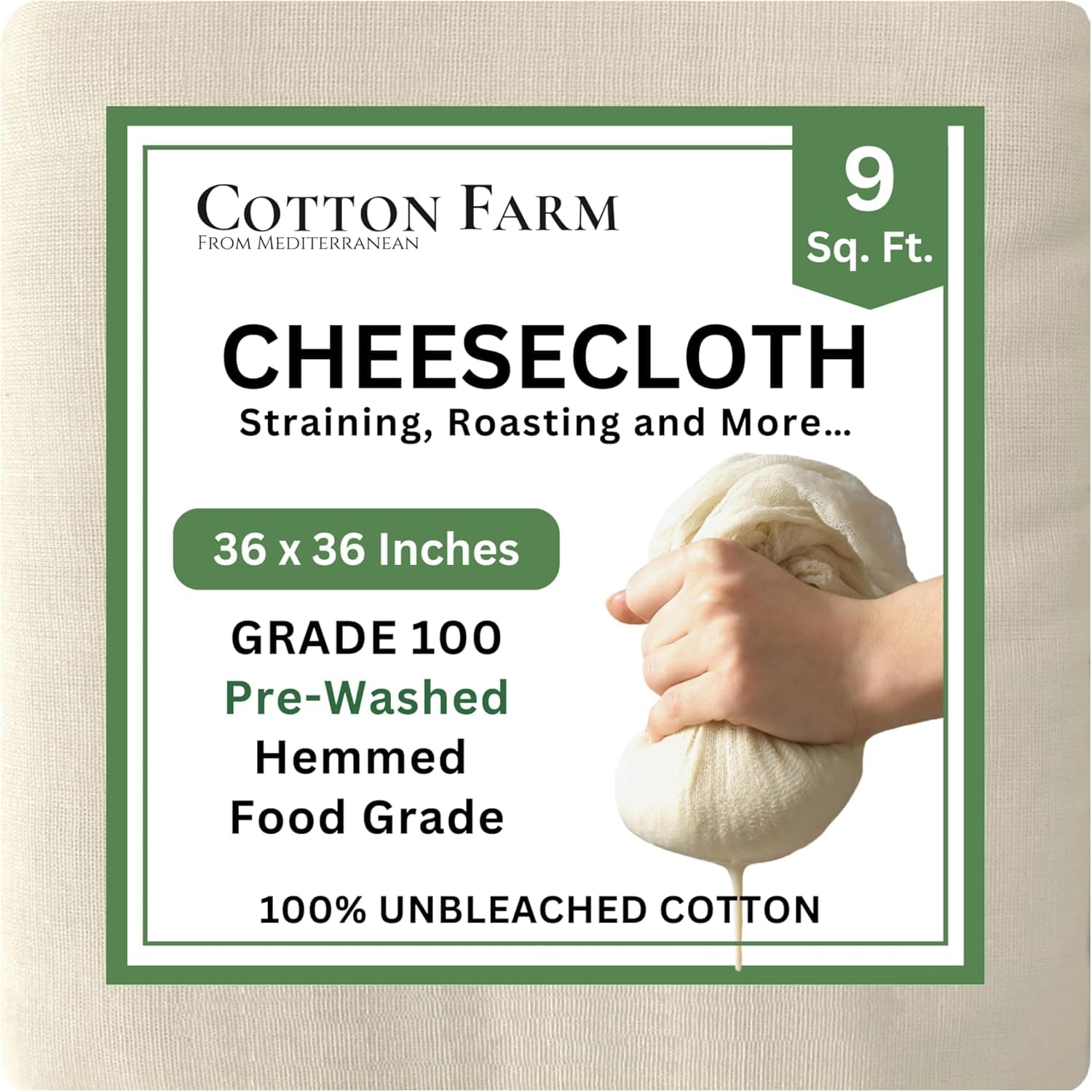 Cotton Farm Grade 100 XL Cheese Cloth - Straining & More; 36x36 Inch; 100% Unbleached Cotton Cheesecloth; Reusable with Hemmed 2 Edges; Ultra-Dense (the finest) Butter Muslin 1 Yard - Image 2