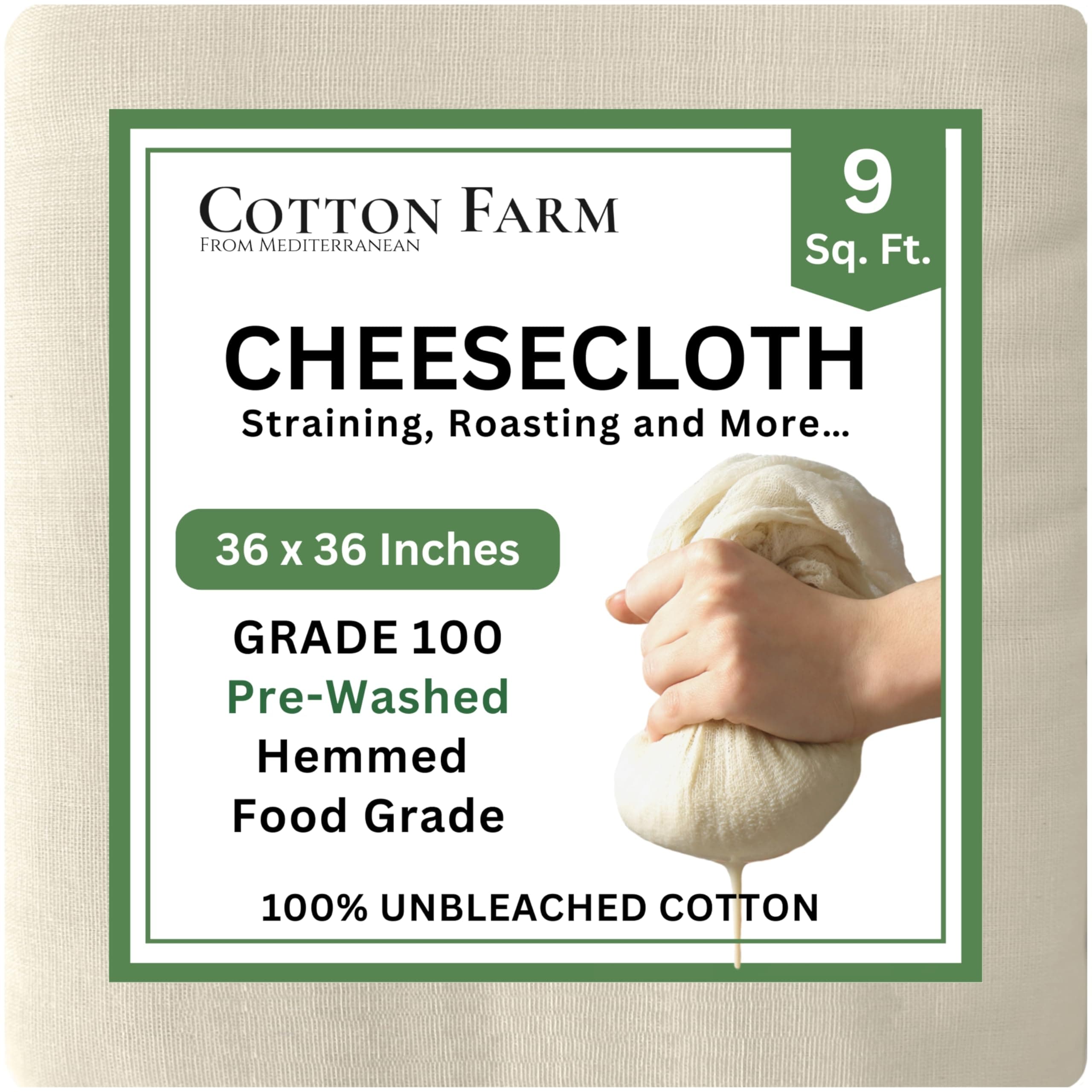 Cotton Farm Grade 100 XL Cheese Cloth - Straining & More; 36x36 Inch; 100% Unbleached Cotton Cheesecloth; Reusable with Hemmed 2 Edges; Ultra-Dense (the finest) Butter Muslin 1 Yard