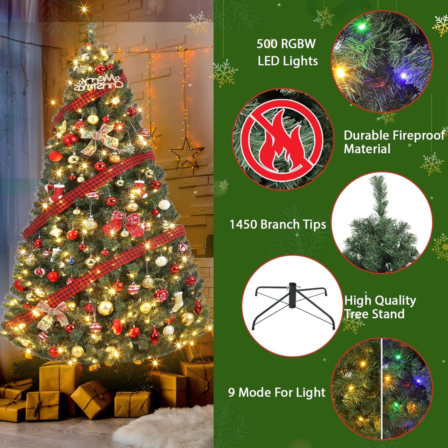 7.5ft Prelit Christmas Tree - Fluffy Fraser Fir with 600 Multicolor Lights & 9 Modes, Hinged Branches & 1300 Tips, Artificial Christmas Tree Includes Stand with Foot Switch for Holiday Home Decor Forest Green With Multicolor Light 7ft 6in - Image 6