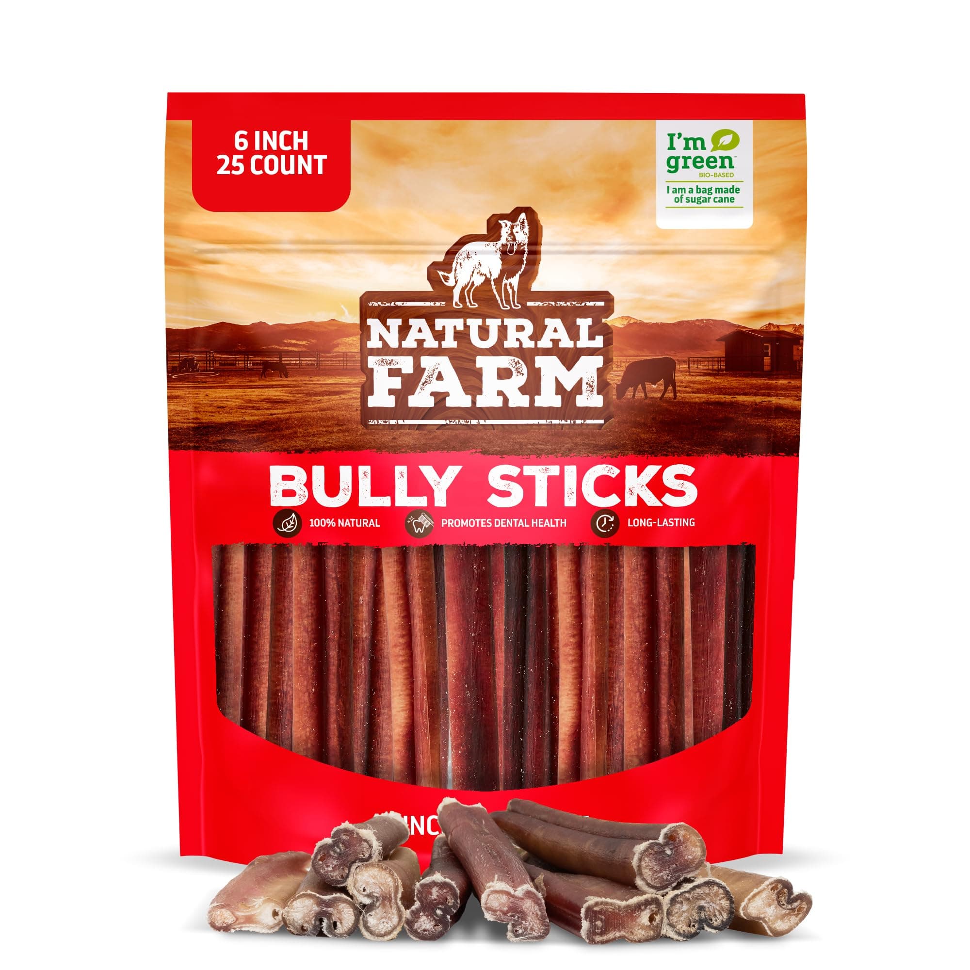 Natural Farm Odor-Free Bully Sticks (6 Inch, 25 count),1.3 lb. Bag, Fully Digestible 100% Beef Pizzle Chews,Grass-Fed, Non-GMO,Grain-Free, Natural Long-Lasting Chews for Small & Large Dogs. Pack of 25 6-inch 25 Count (Pack of 1)