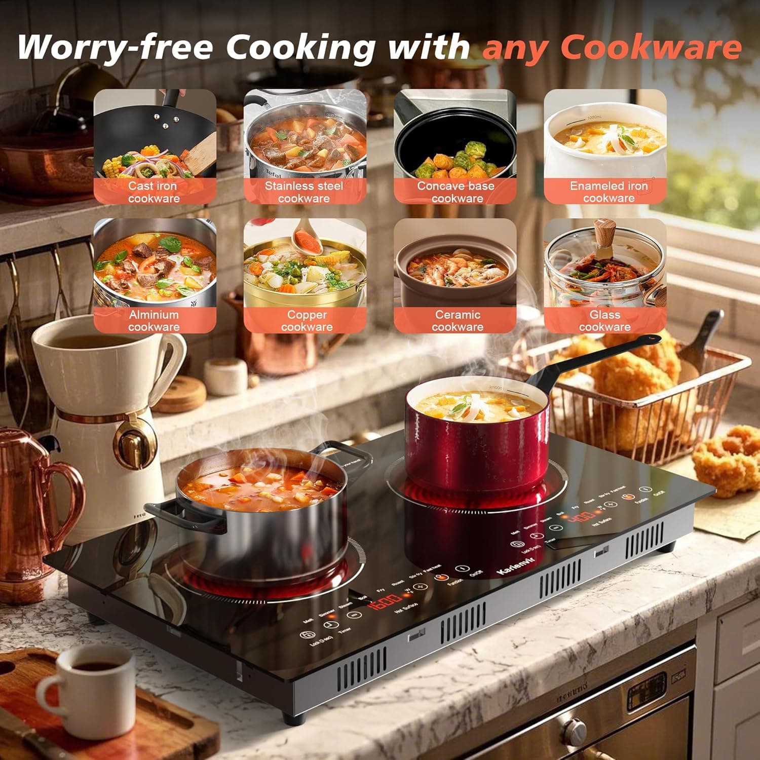 2 Burner Electric Cooktop 110v, 2000W Electric Stove Top Countertop & Built-in, Plug-in Electrics Cooktop 24 Inch, 8 Power Levels & 8 Functions, Touch Control, Safety Lock, Timer, Karienvir 24 inch black 2 burner - Image 3