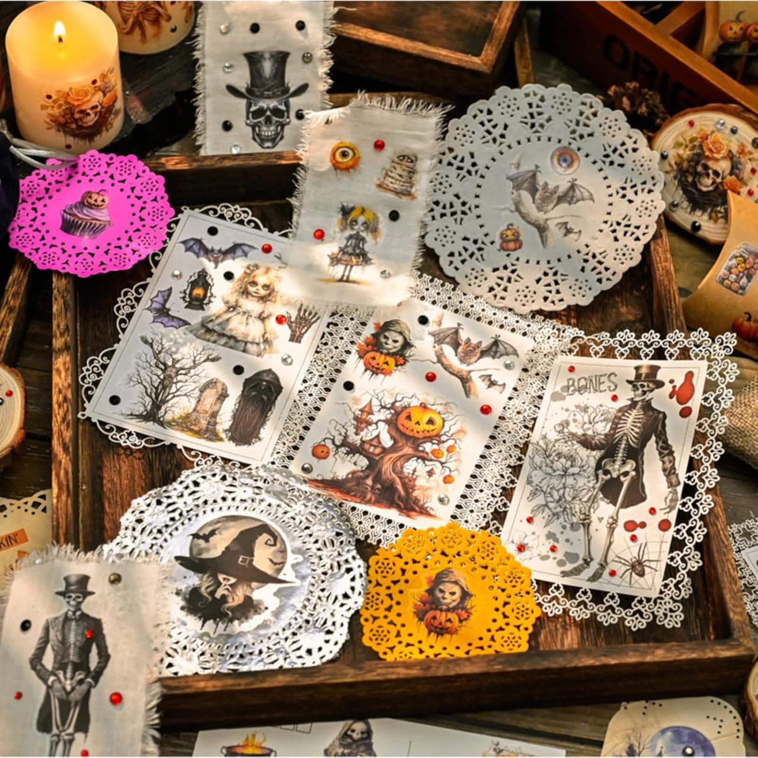 Vintage Rub On Transfer Stickers Scrapbooking Stickers Junk Journal Supplies, 3 Sheets, Gothic Designs with Skeletons, Pumpkins and Haunted Houses - Image 10