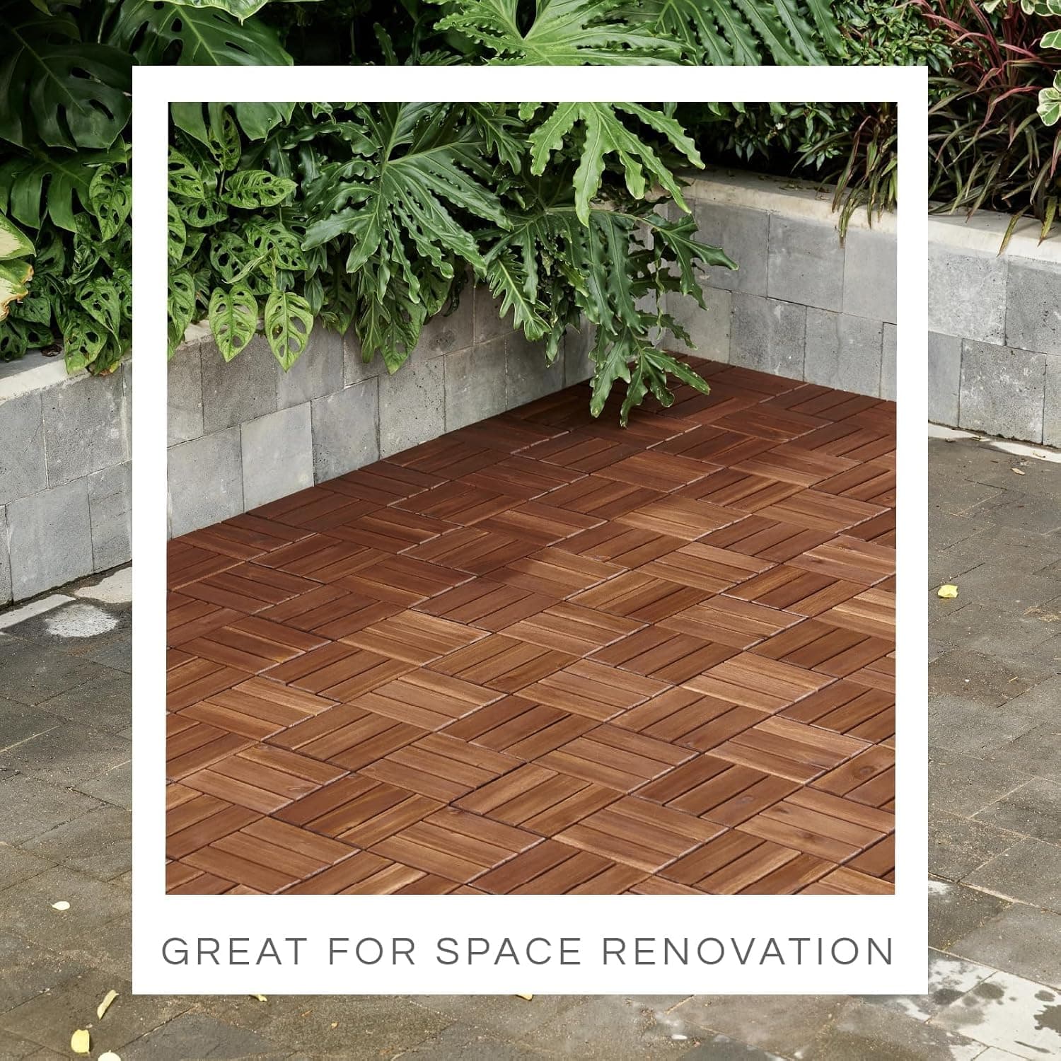 10 Pcs Deck Tiles, Patio Flooring - Outdoor Waterproof Acacia Wood Tiles for All Weather Use - Balcony, Backyard, Indoor & Outdoor (Dark Brown Crossed Pattern, 10 Square Ft) Dark Brown Crossed Pattern 10 Pcs - 10 Square Ft - Image 8