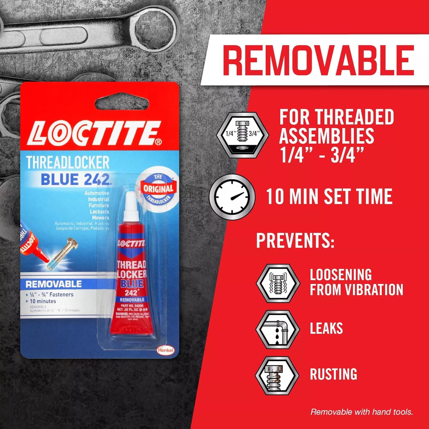 Loctite Threadlocker Blue 242 - Removable Thread Lock Glue for Nuts, Bolts, & Fasteners, Medium Strength Screw Glue to Prevent Loosening & Corrosion - 6 ml, 1 Pack 1 Pack Blue (Removable) - Image 5