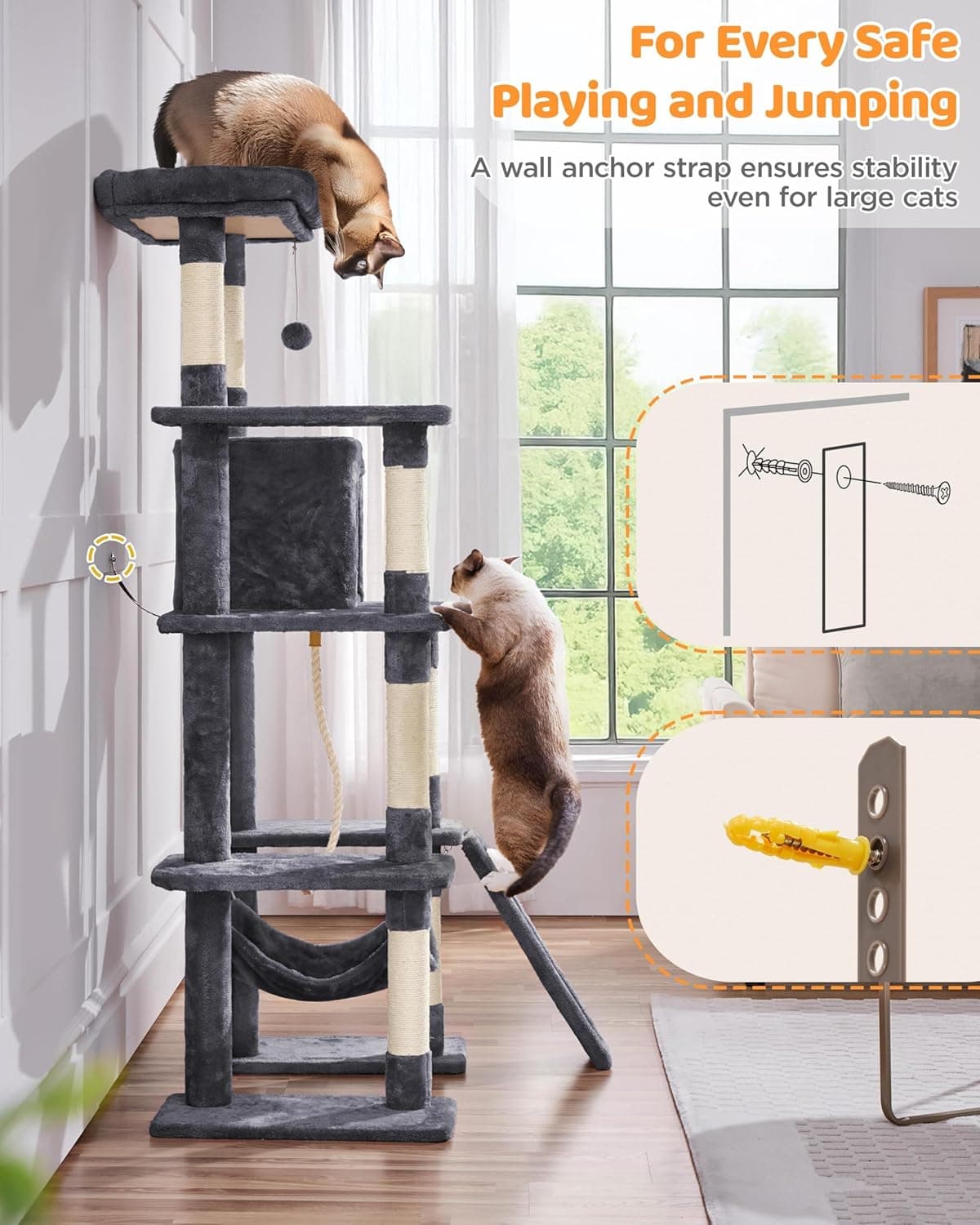 Yaheetech Large Multi-Level Cat Tree, 63 Inches Tall with Sisal-Covered Scratching Posts, Condo, Hammock, Dangling Ball, and Extended Platform for Cats to Play and Sleep Dark Gray 63in - Image 10