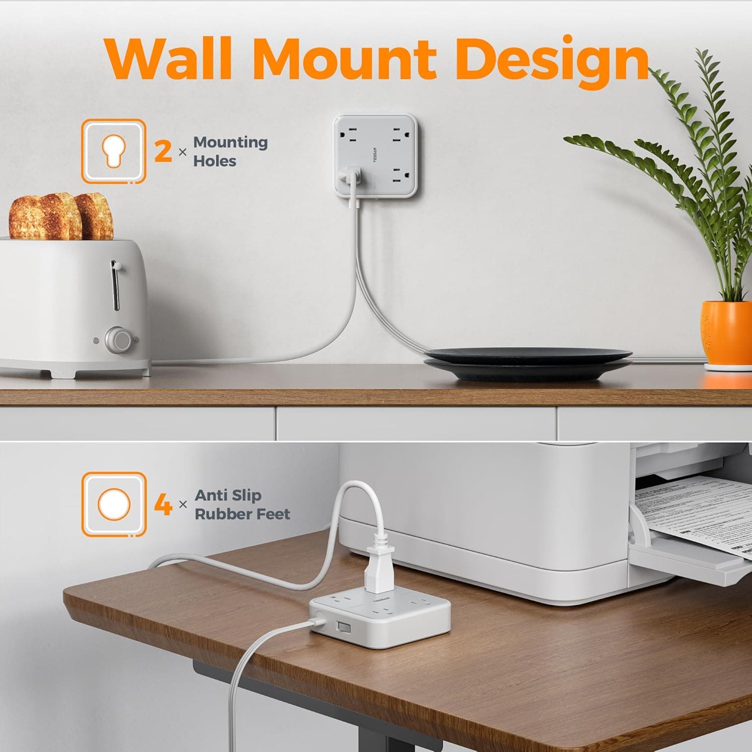 TESSAN Surge Protector Flat Extension Cord 5Ft, Flat Plug Power Strip with 4 Outlets 3 USB Ports (1 USB C), 900 Joules Protection, Multiple Wall Outlet Extender Suitable for Home Office Dorm, Grey Grey & Surge Protector 5 FT - Image 9