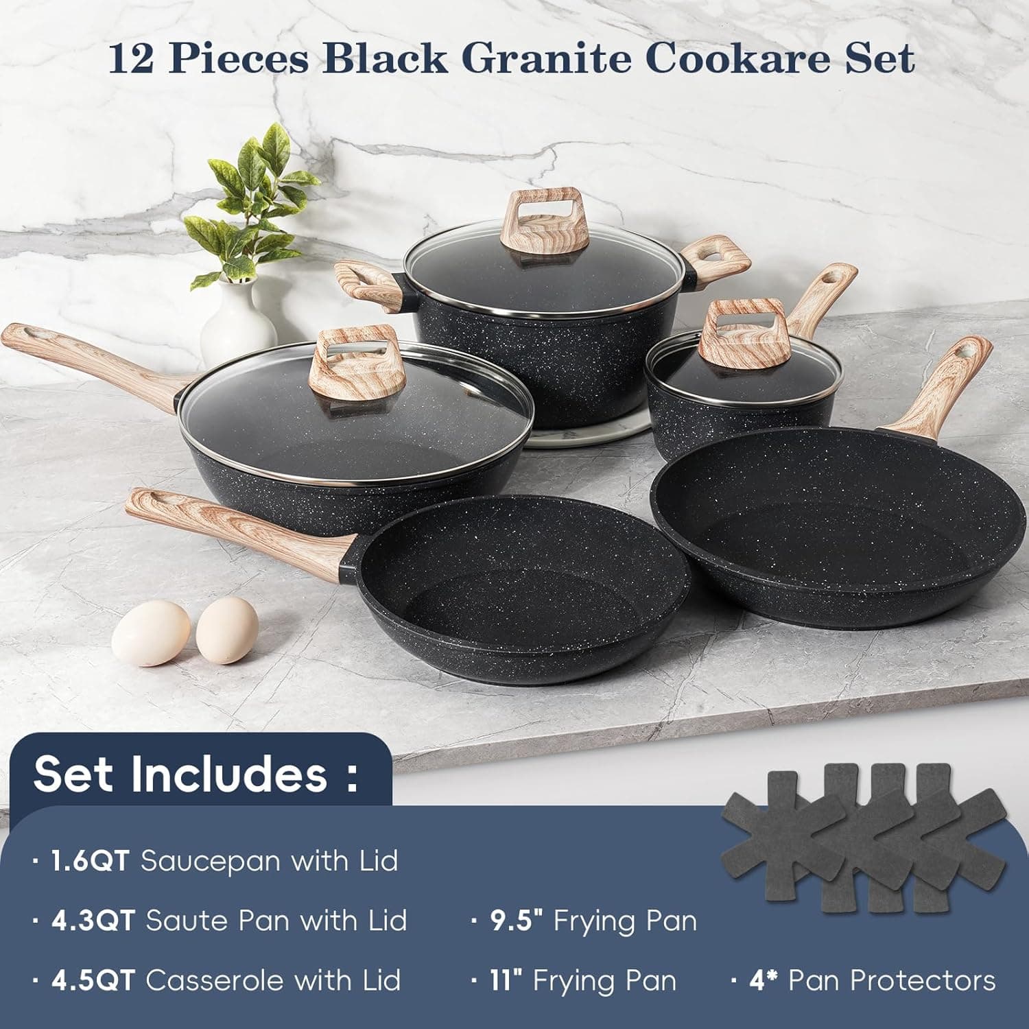 12 Pcs Pots and Pans Set, Nonstick Cookware Sets Black Granite Induction Cookware, Non-toxic Healthy Non Stick Kitchen Cooking Set with Frying Pans Set, Saucepans,Steamer (PFAS, PFOA, PFOS Free) Black 12 Pieces - Image 4