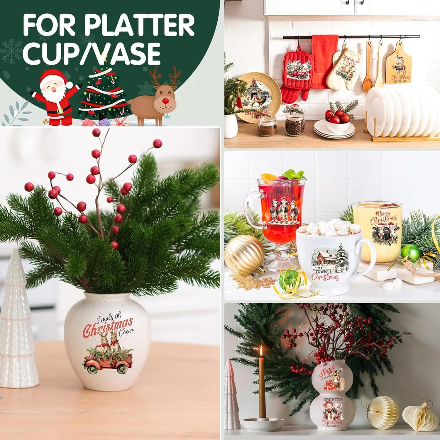 24 Sheets Vintage Christmas Rub On Transfers for Crafts, Rub On Transfers Christmas for Wood，Furniture Decals, Glass, Porcelain, Leather, Canvas, Fabric Projects,3 * 3inch(Farm Christmas) Cottage farm Christmas - Image 7