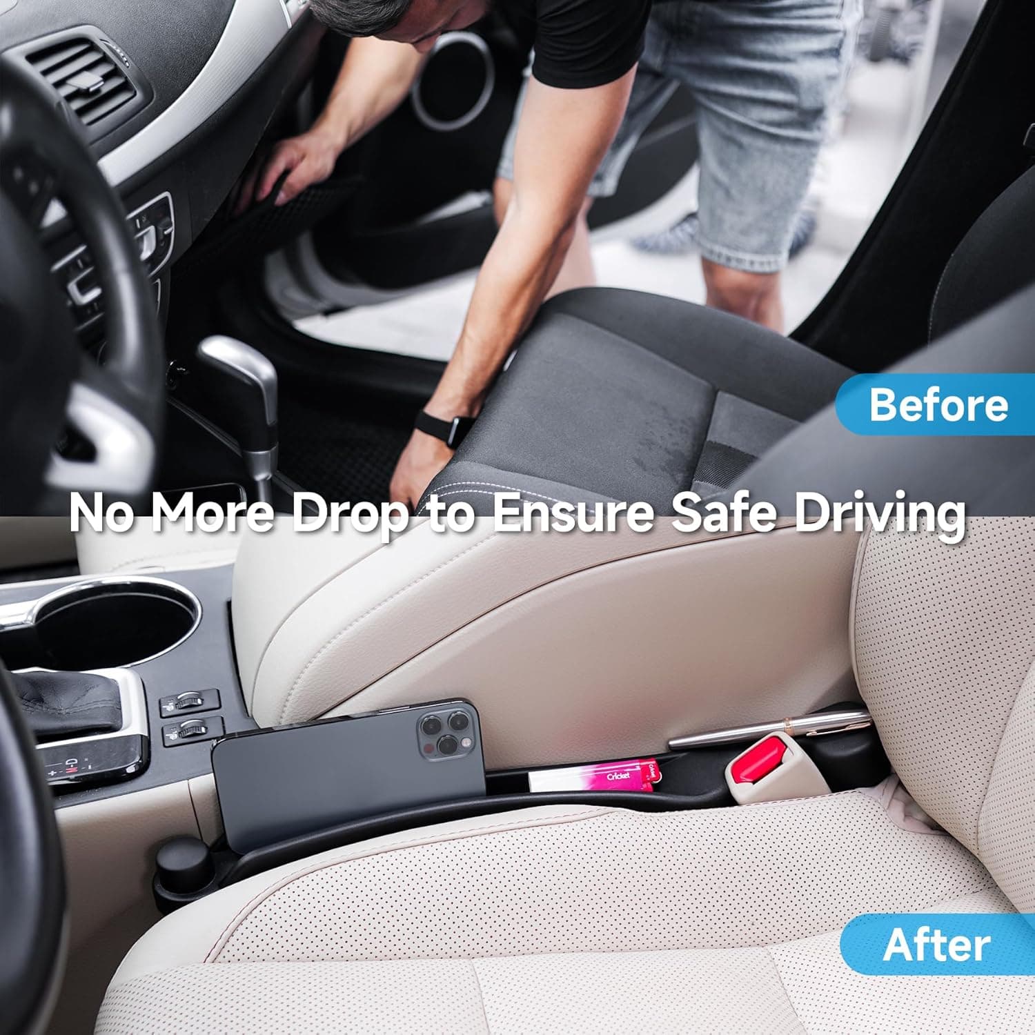 Car Seat Gap Filler Set of 2, Soft Foam Multifunctional Seat Side Gap Filler with Organizer & Hook Function, 3in1 Gap Stopper Universal Fit Car SUV Truck Fill The Gap Between Seat & Console Black Most Cars – Standard - Image 2