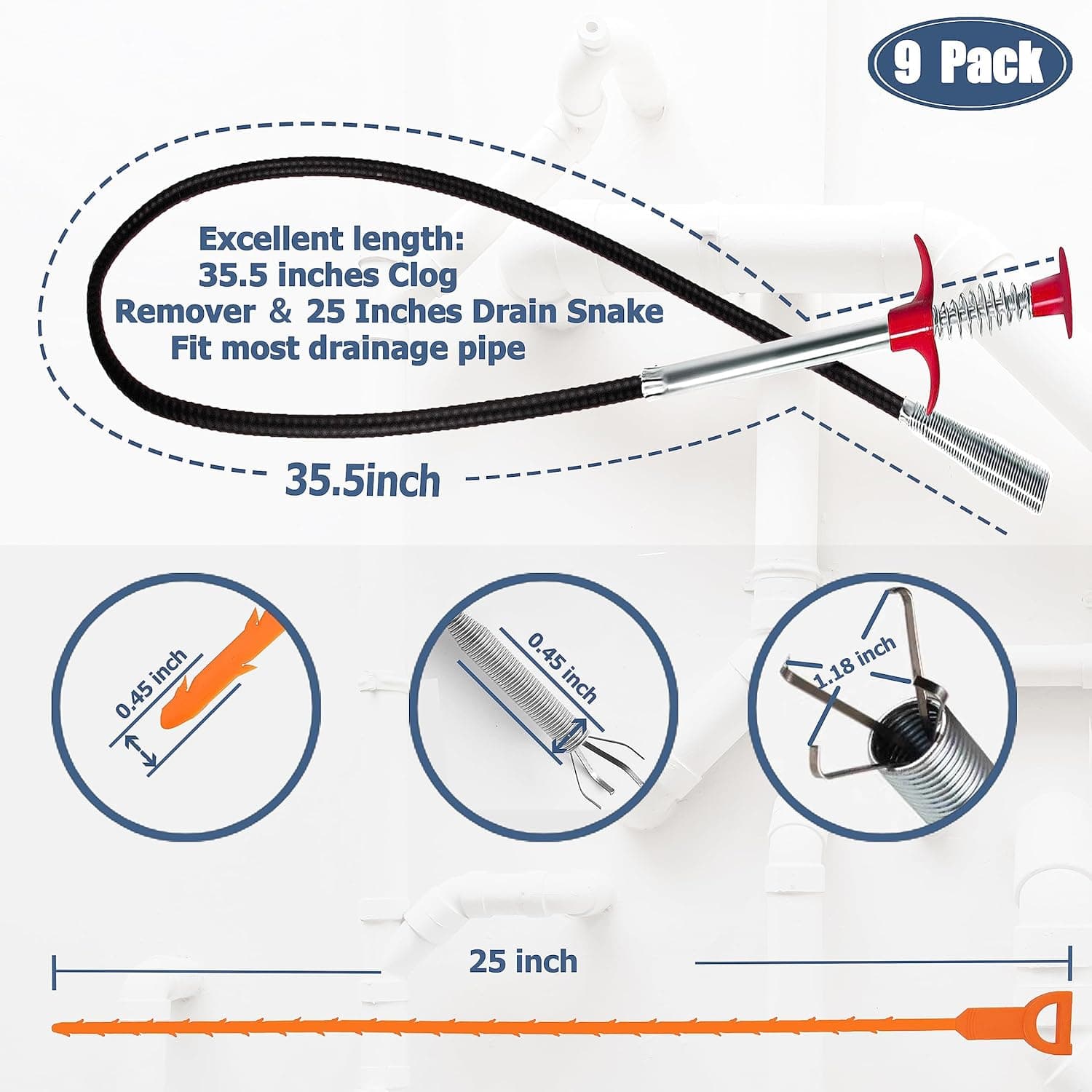 Removedor de obstrucciones de desagüe de 35.5 pulgadas (1 pieza), serpiente de desagüe de 25 pulgadas para eliminar cabello (6 piezas) y cepillo de limpieza (2 piezas), juego de herramientas limpiadoras de desagüe para inodoro, fregadero de cocina, bañera de baño, alcantarilla, 9 piezas - Image 3