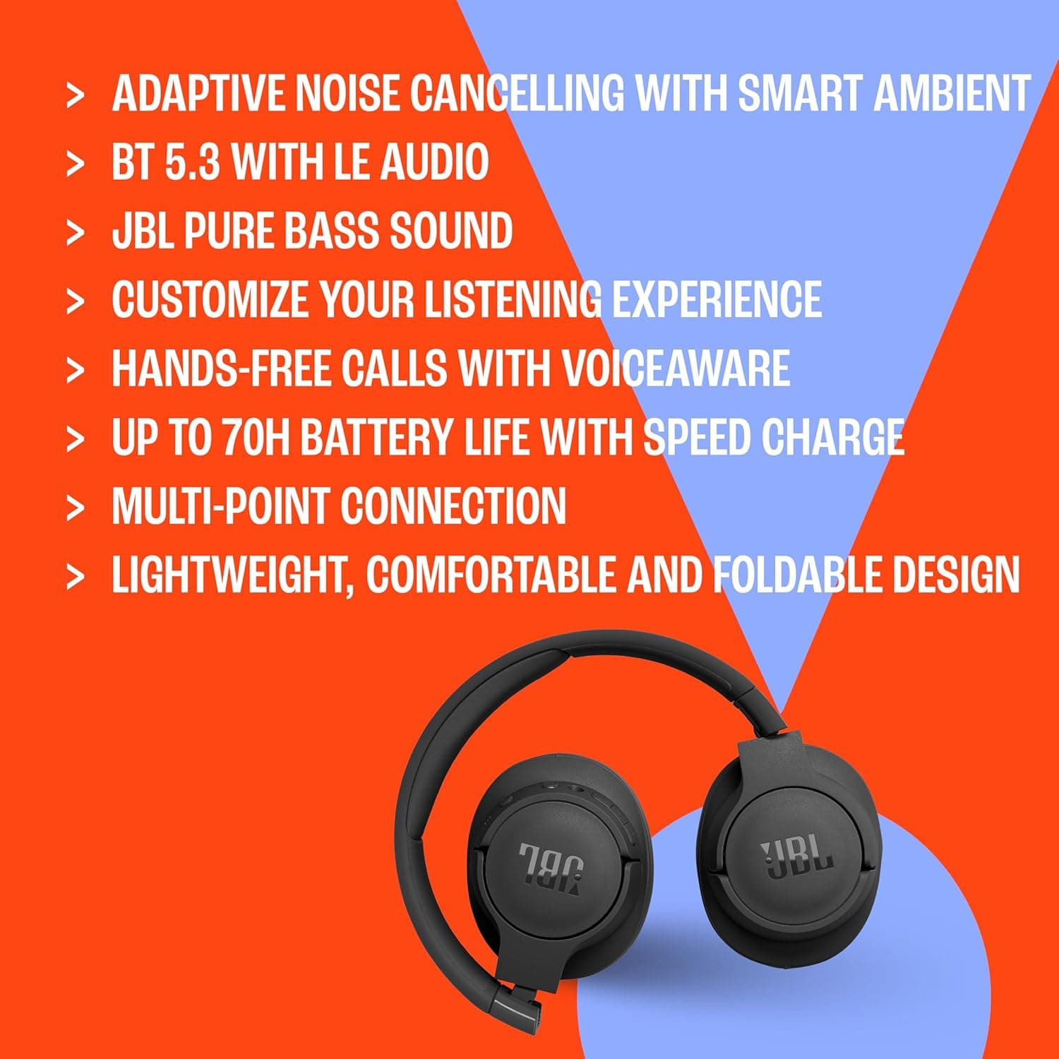 JBL Tune 770NC - Adaptive Noise Cancelling with Smart Ambient Wireless Over-Ear Headphones, Bluetooth 5.3, Up to 70H Battery Life with Speed Charge, Lightweight, Comfortable & Foldable Design (Black) - Image 7