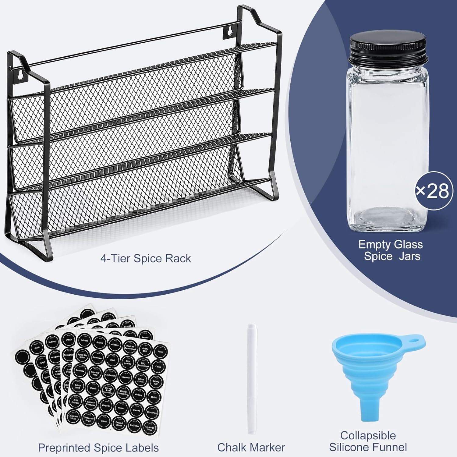 AOZITA Spice Rack Organizer for Cabinet, Spice Organizer with 28 Empty Spice Jars with Black Lids, Funnel, Spice Labels, Seasoning Organizer for Countertop, Cabinet, Kitchen, Pantry, Cupboard - Image 3