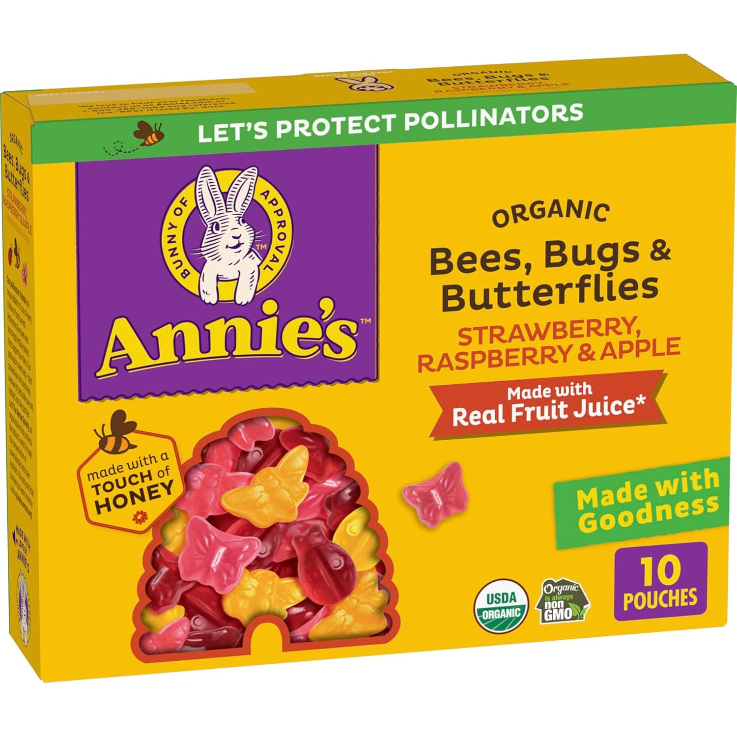Annie's Organic Bees, Bugs, and Butterflies Fruit Flavored Snacks, 10 Pouches, 7 oz Strawberry, Raspberry & Apple 10 Count (Pack of 1) - Image 2