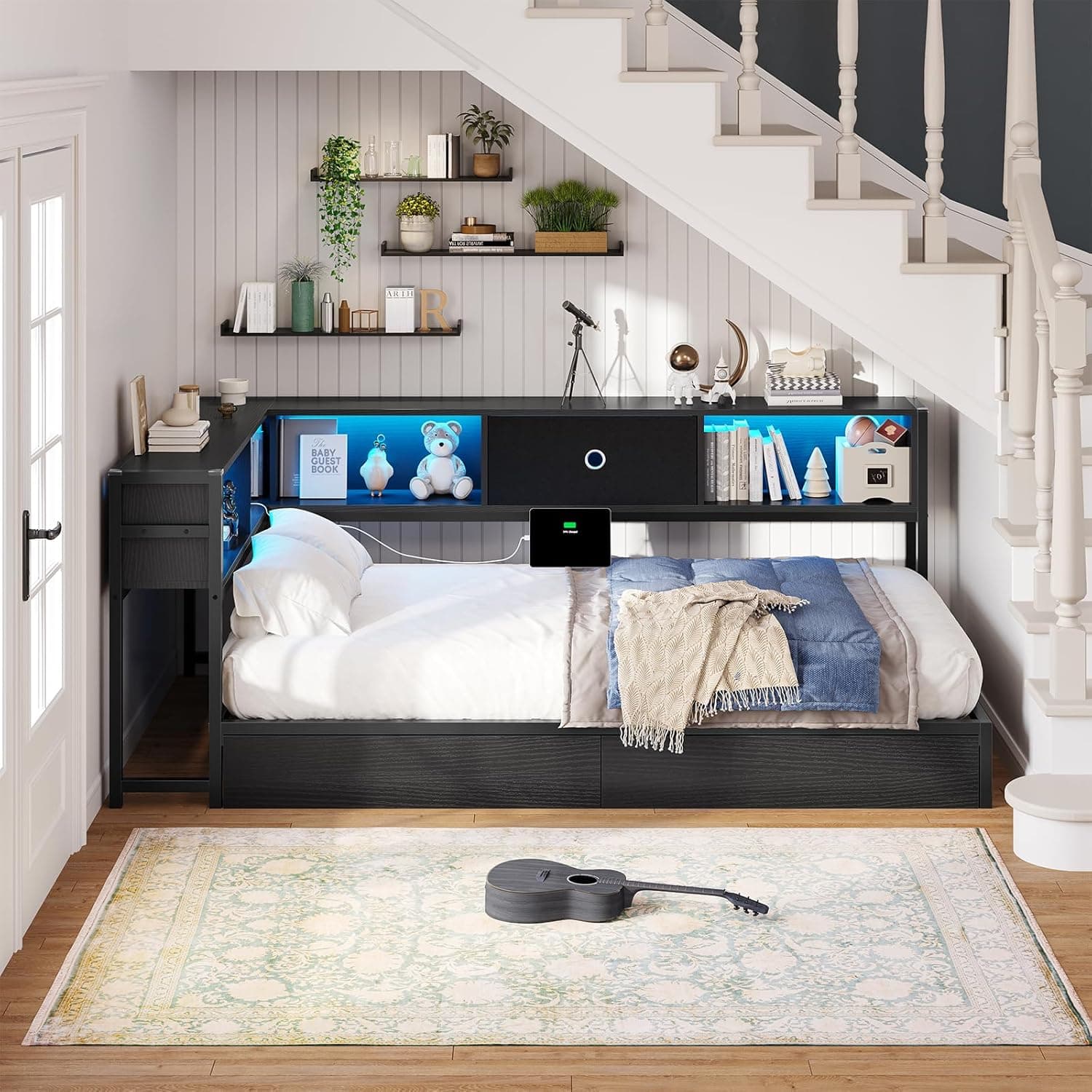 Hasuit Twin Corner Bed Frame with Storage Drawers and Bookcase Headboard, Twin Size Metal Platform Corner Bed Frame with Charging Station and LED Lights, Twin Daybed for Kids Teens Guests, Black Twin Black - Image 3