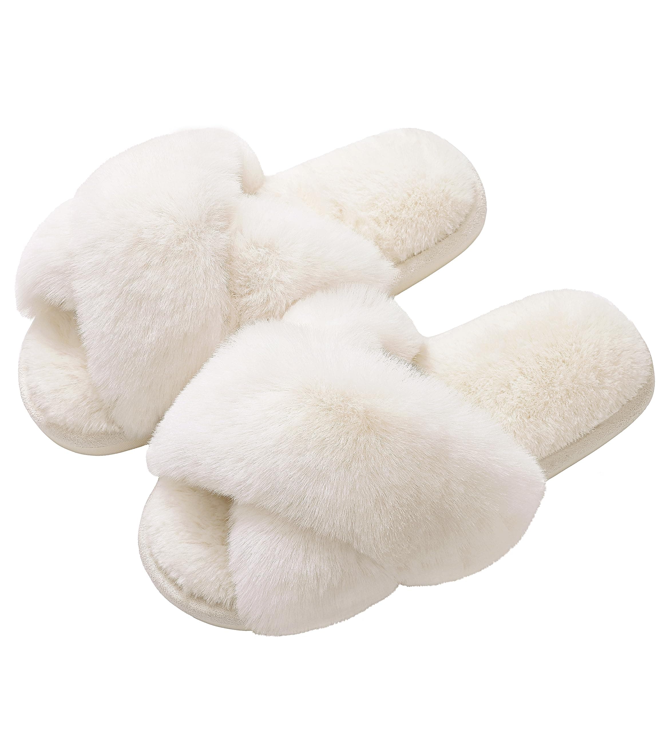 Evshine Women's Fuzzy Slippers Cross Band Memory Foam House Slippers Open Toe 7-8 White