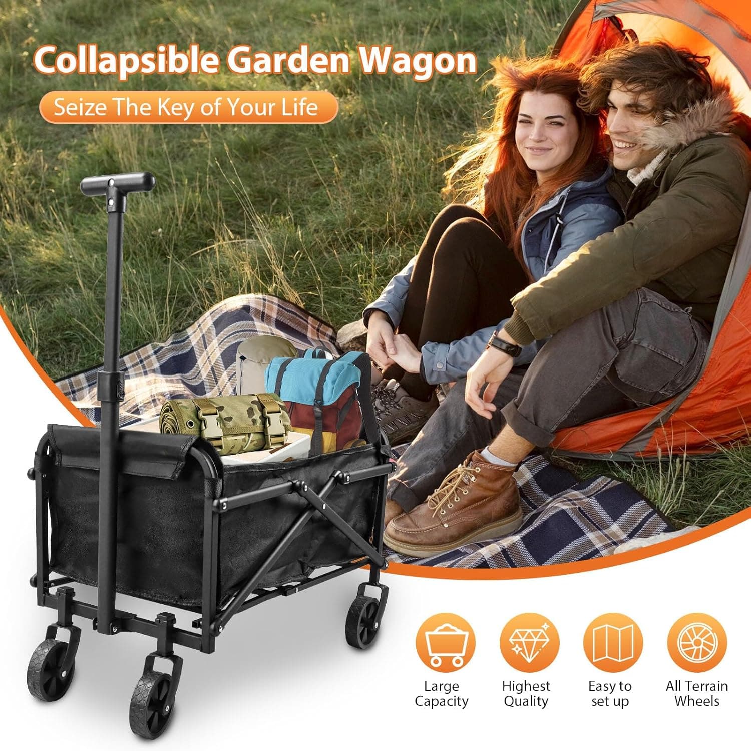 Collapsible Wagon Cart Foldable 220lbs Capacity,Lightweight Portable Beach Wagon, Shopping Carts with Wheels for Grocery,5" Removable Wheels & Adjustable Camping, Shopping, Beach, Fishing, Garden Cart - Image 3