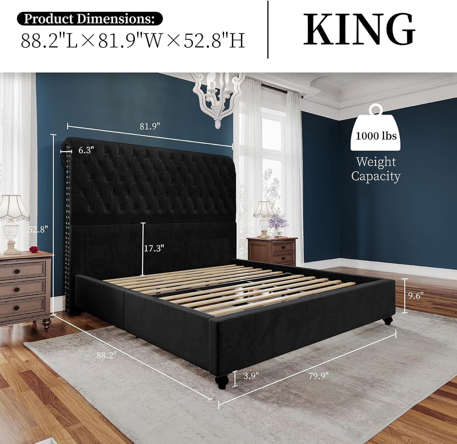 PaPaJet King Bed Frame Upholstered Platform Bed Frame with 53'' Tall Sleigh Headboard, Button Tufted, No Box Spring Needed, Easy Assembly, Black Black King - Image 2