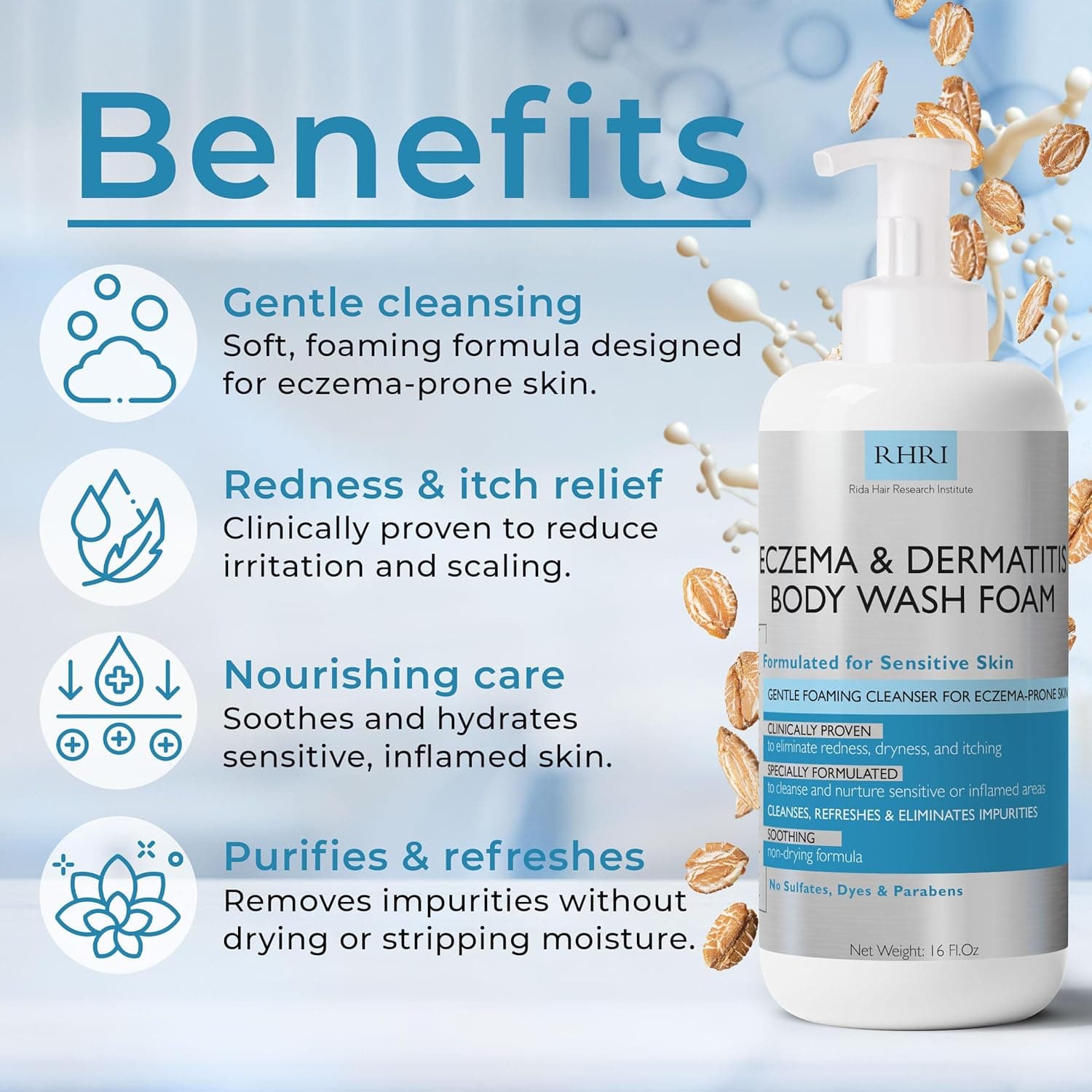 Eczema Body Wash Sensitive Skin | Eczema Treatment | Foaming Cleanser For Eczema Prone Skin | Soothes Dryness & Itching, Gentle On Eczema & Dermatitis, Sulfate-Free With Free Scrubber Brush Foam (Sensitive Skin) - Image 3