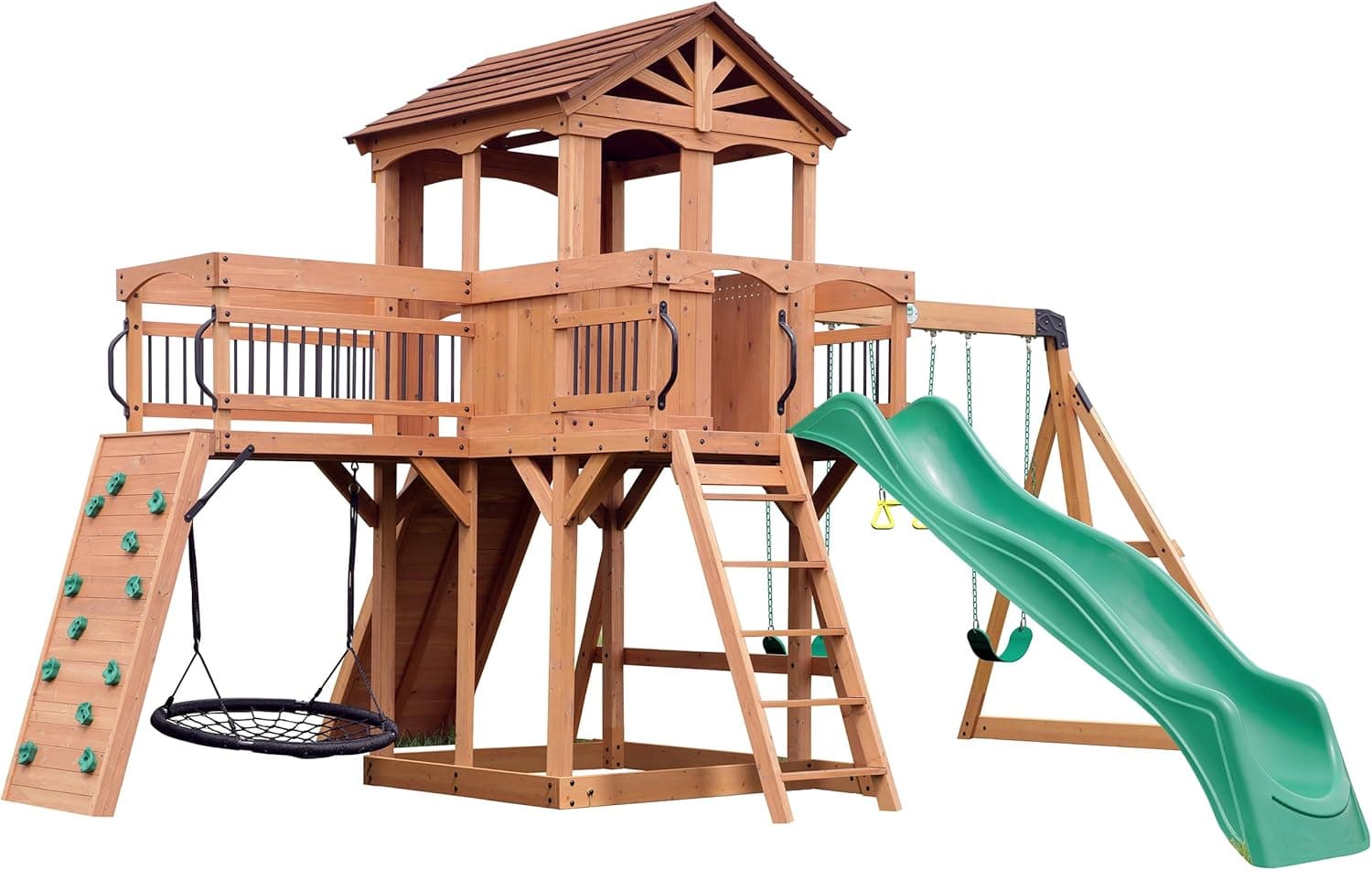 Backyard Discovery Sterling Point Cedar Wood Swing Set with Wave Slide, Raised Clubhouse, Wooden Bridge, Rock Wall, Belt Swings, Web Swing, Trapeze, Balcony, Climbing Wall, Ladder, Outdoor Playset Green - Image 3