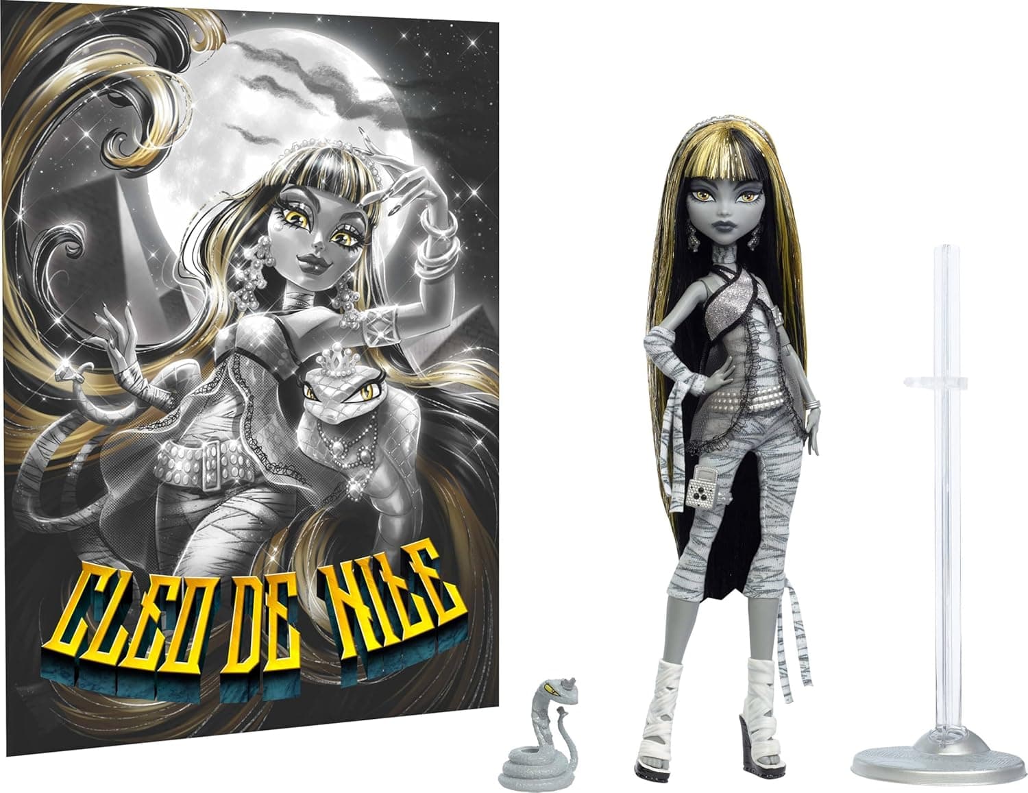 Monster High Reel Drama Doll, Cleo De Nile Black and White Reproduction Collectible with Doll-Size and Life-Size Posters, Horror Flick Theme, and Pet - Image 6