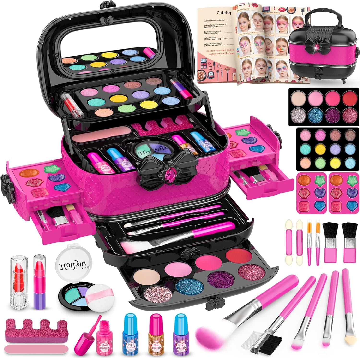 Hollyhi 58 Pcs Kids Makeup Kit for Girl, Princess Toys Real Washable Cosmetic Set with Mirror, Kids Makeup Sets for Girls, Play Make Up Birthday Gifts for 3 4 5 6 7 8 9 10 11 12 Years Old Kid (Rose) Rose and Black - Image 2
