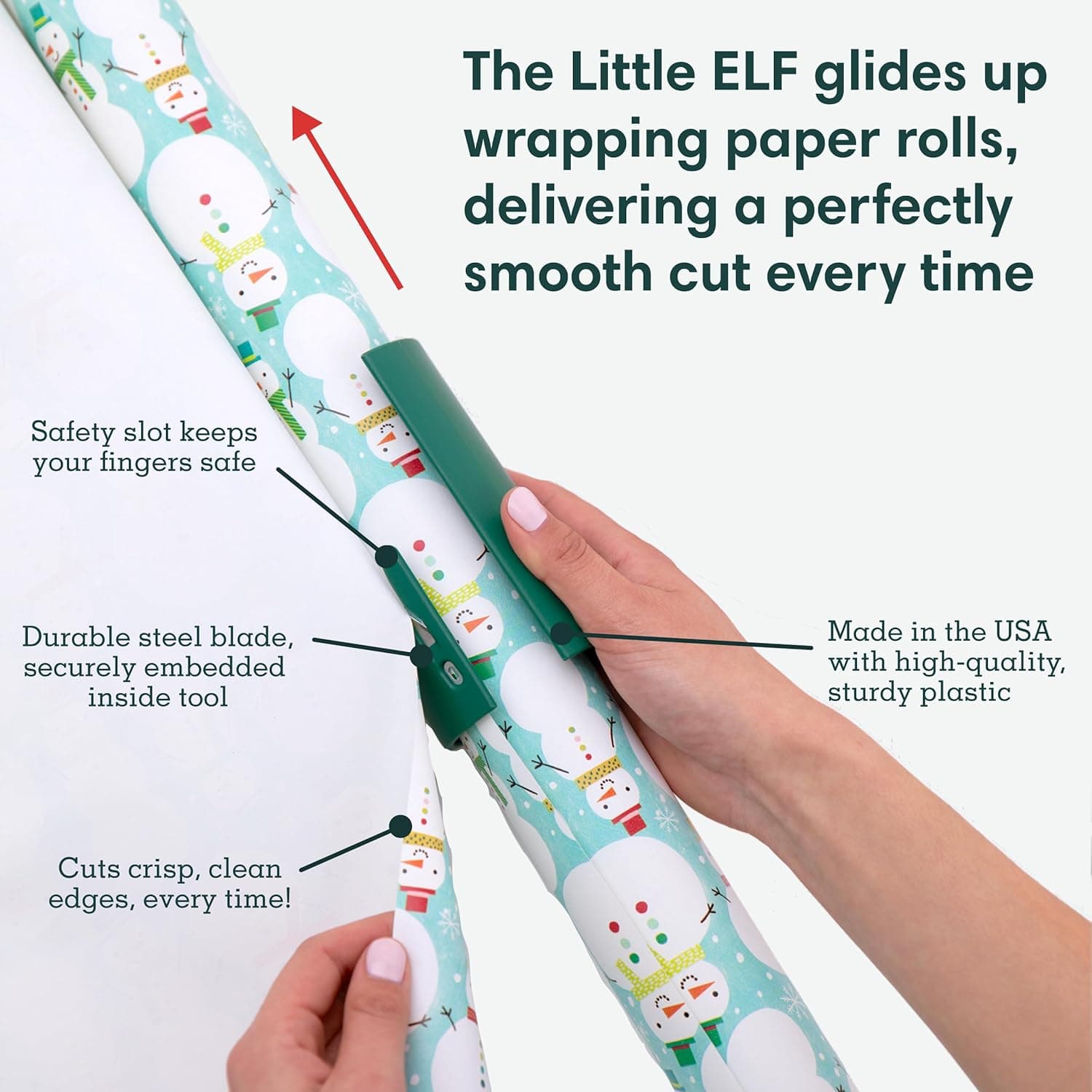Little ELF Wrapping Paper Cutter (2-Pack) | As seen on Shark Tank | Made in USA | Green | Holiday Gift Wrap Paper Roll Holder and Cutter - Image 3