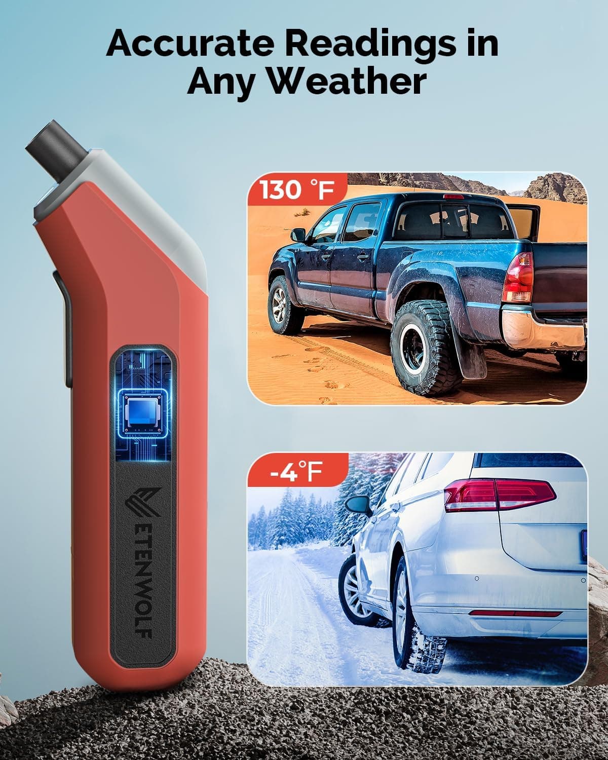 ETENWOLF T300 Digital Tire Pressure Gauge 3-200 PSI, Industrial Tire Gauge Calibrated to ANSI B40.7 Grade 2A(Plus-Minus 0.5%), Replaceable AAA Batteries (Vivid Orange) - Image 6