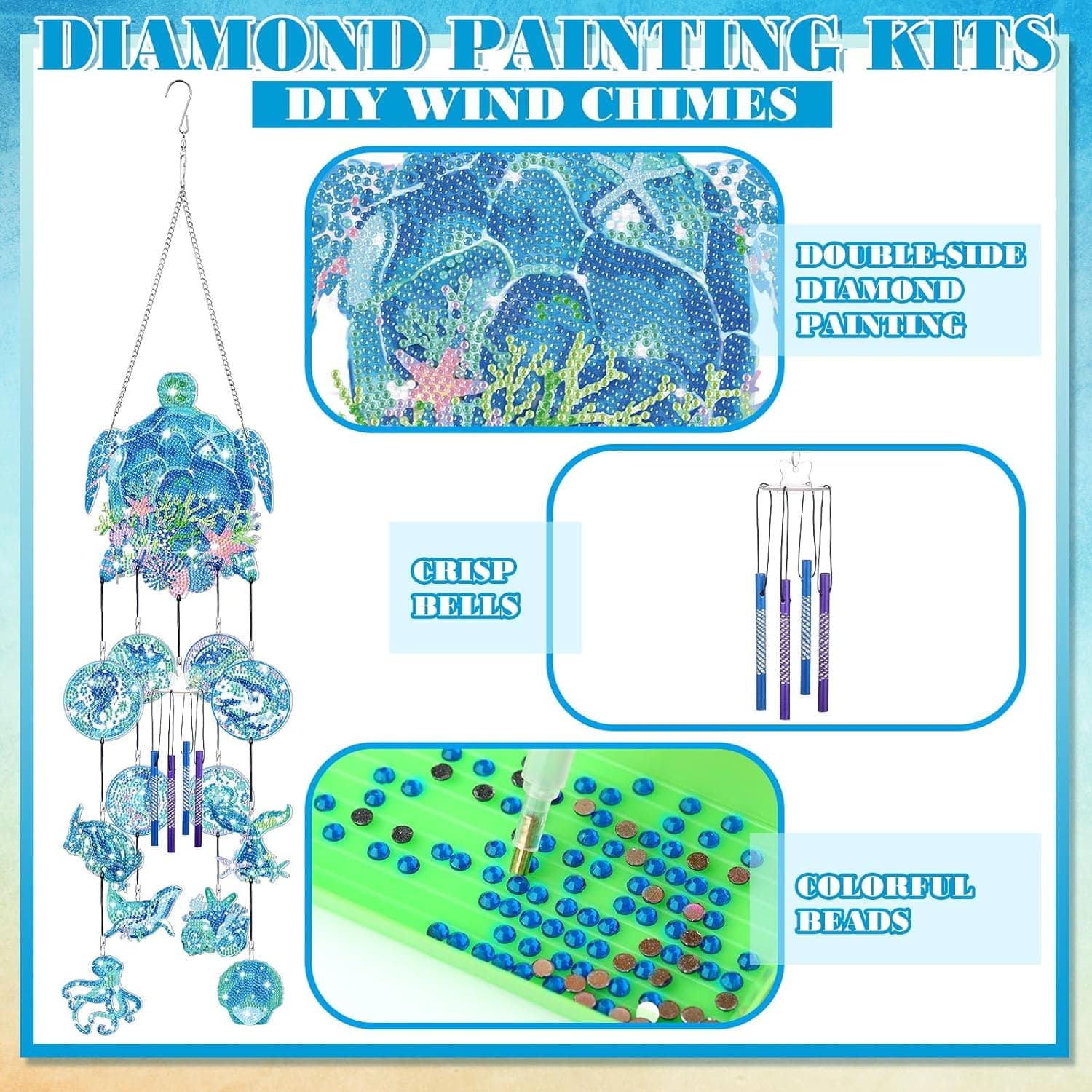 Beach Wind Chimes Diamond Art Wind Chimes Suncatchers Beach Diamond Art Kits with Crystal Pendant Hanging Ornament for Home Garden Patio Backyard Decor(Blue) - Image 6