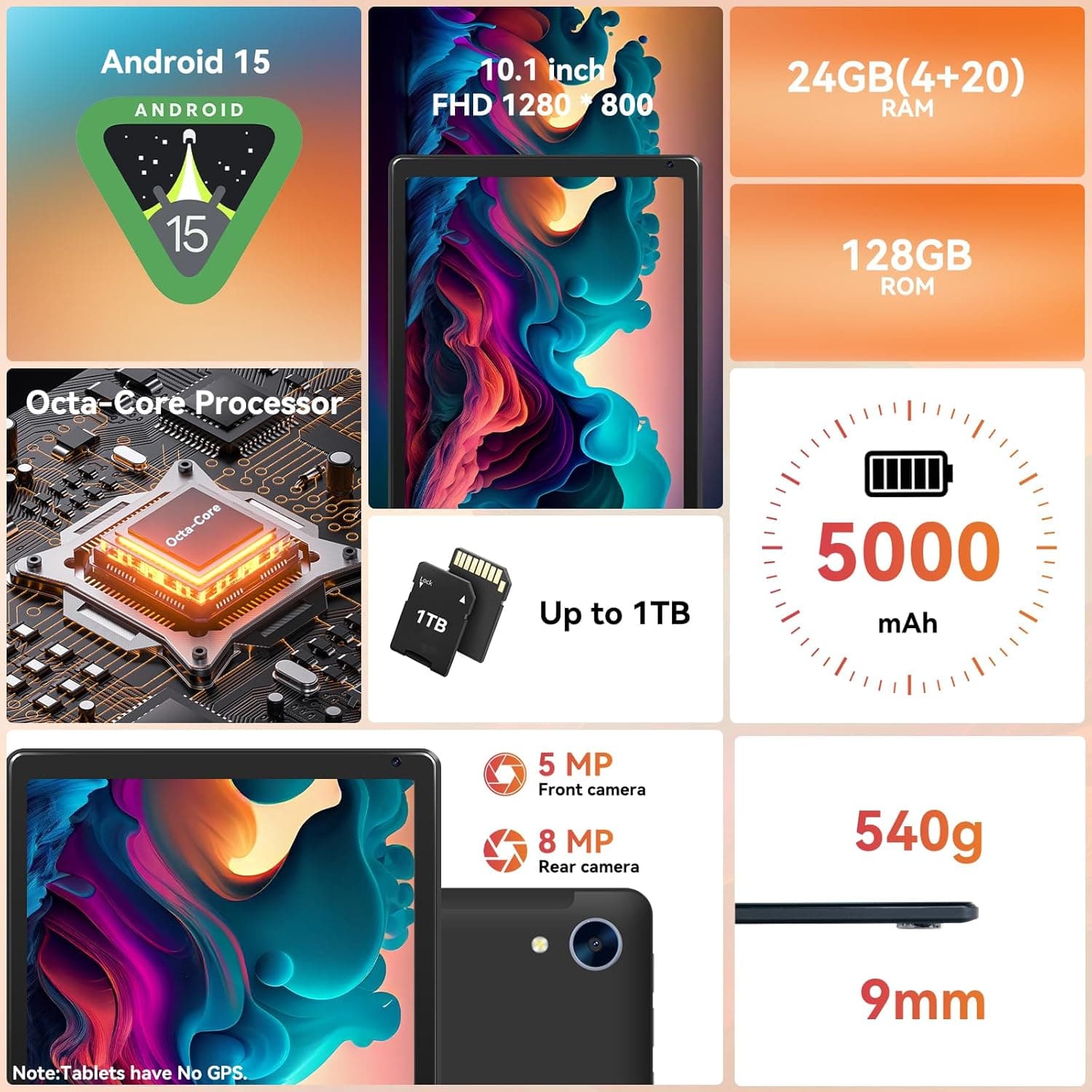 Tablet,10.1" Android Tablet with Octa-core Processor 24GB RAM 128GB ROM HD IPS Touchscreen 8H Battery, Wi-Fi 6, BT 5.0, Dual Camera, Android 15 Tablets 2025 - Image 3
