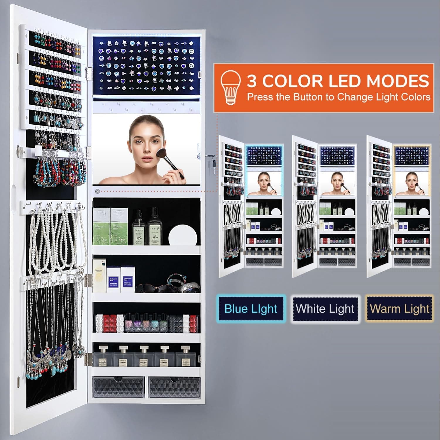 GISSAR Mirror Jewelry Cabinet, LED Lights Wall Mount Door Hanging Full Length Jewelry Organizer Armoire with Built-in Makeup Mirror and Jewelry Storage, Large Capacity Lockable Jewelry Armoire, White - Image 7