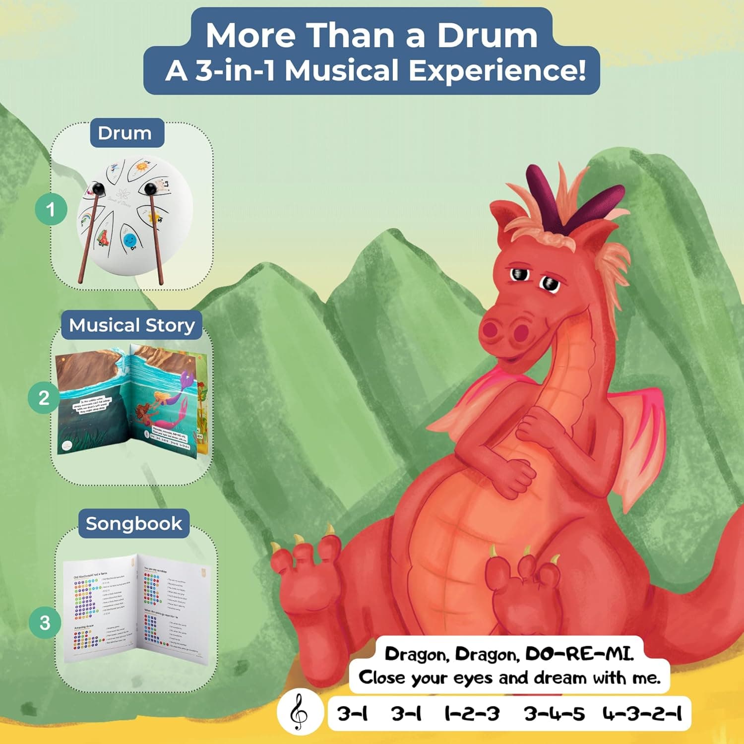 Steel Tongue Drum With Songbook And Bedtime Story - Kids Musical Instruments - Musical toys for toddlers, Dylan's Dream Drum 3 In 1 Handpan drum, 6 Inch 8 notes, Diatonic White Dylan's Dream Drum - Image 5