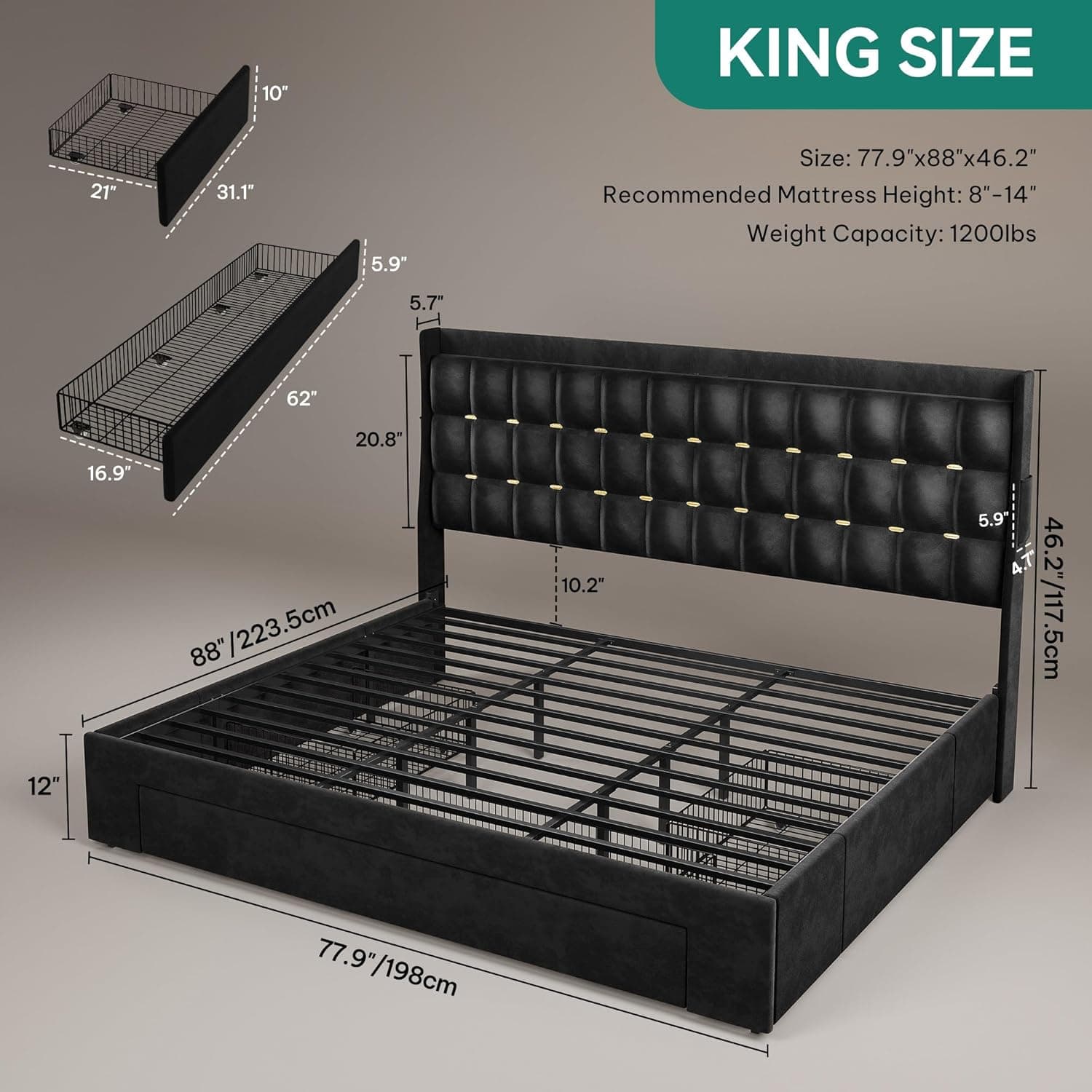 YITAHOME King Size Bed Frame with 3 Storage Drawers and RGB LED Lights, Velvet Upholstered Bed with Charging Station and Storage Headboard, No Box Spring Needed, Easy Assembly, Noise-Free, Black - Image 3