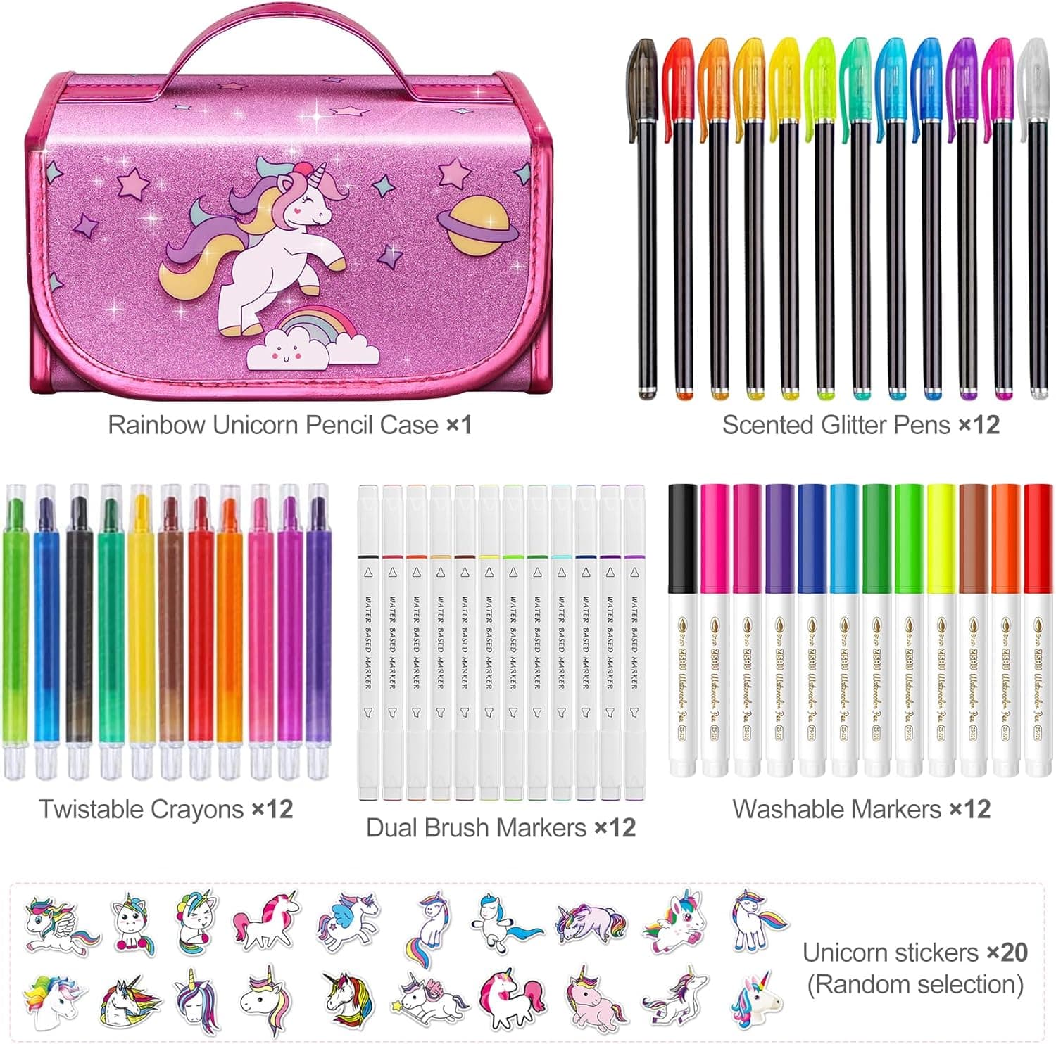 beefunni Unicorn Washable Markers Set 48 pcs with Glitte Pencil Case, Art Supplies for Kids Ages 4-6-8, Arts Crafts Coloring Set with Stickers - Birthday Gifts for Girls 4 5 6 7 8 9 Year Old Hot Pink - Image 7