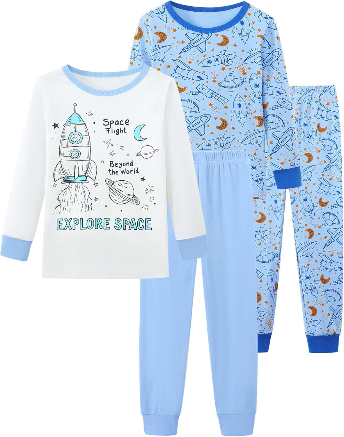 Mikrdoo Boys Pajamas 4-Piece Set Long Sleeve Cotton Stretch Breathable & Soft Snug Fit Sleepwear for Kids 2-12Years White&blue Spaceship 7 Years - Image 2