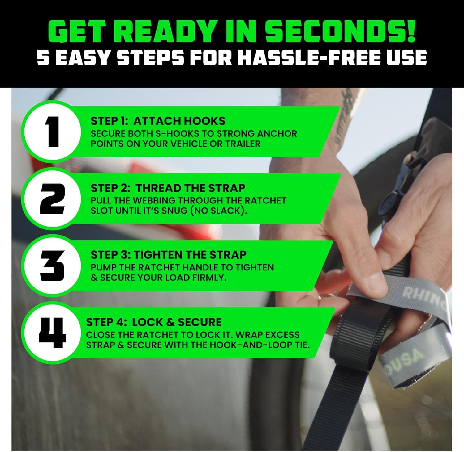 Rhino USA Ratchet Straps Tie Downs (4-Pack) - 1 Inch x 15 Feet (1,823lb Break Strength) - Ultimate Tie Down Straps with Safety S Hooks - for Trucks, Cargo, Moving, Appliances - Black - Image 6