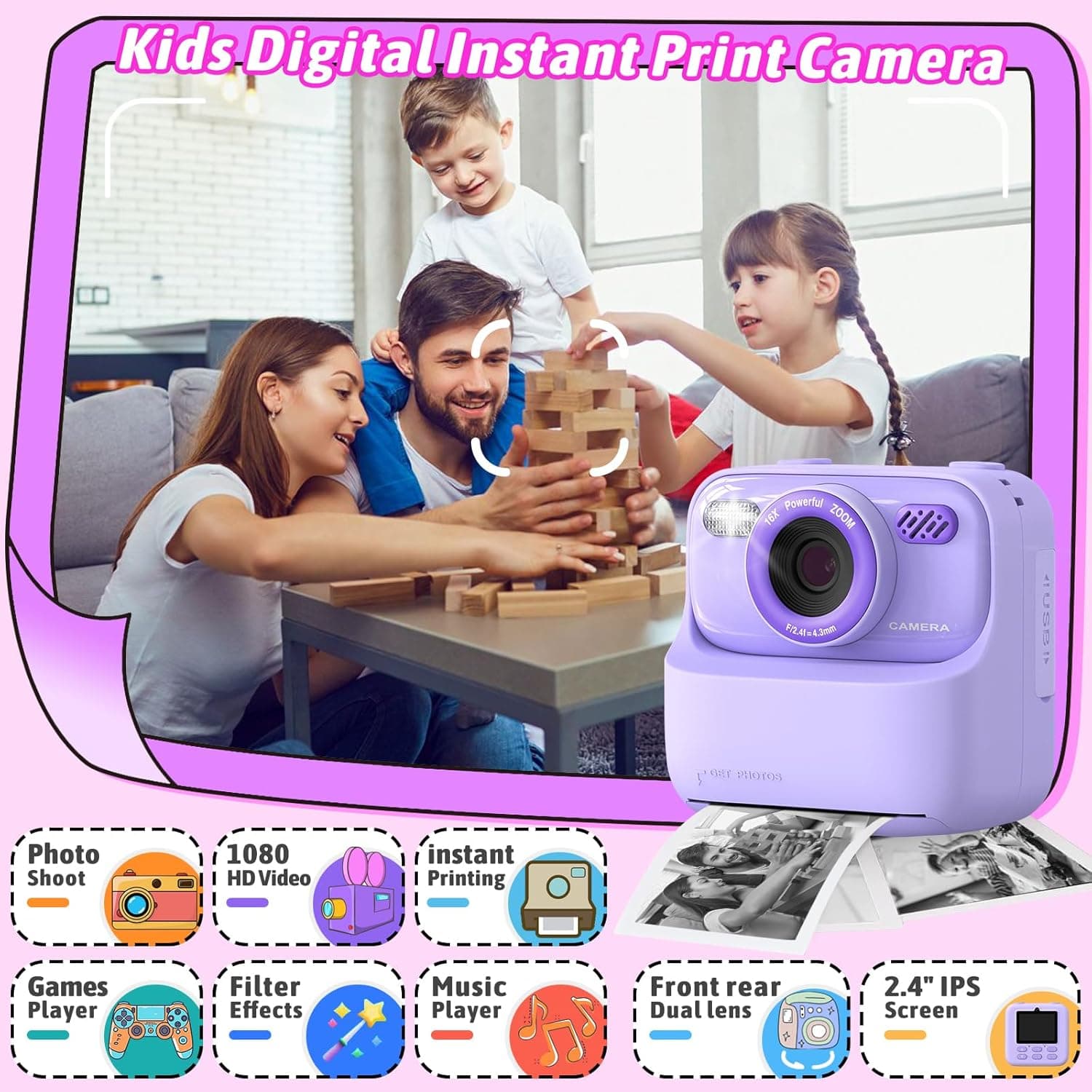Kids Instant Digital Cameras for Boys and Girls, 1080P HD Dual-Lens Selfie Digital Camera with Print Paper & 32G Card, Christmas Birthday Gifts Toys for Toddler and Teenagers Age 3-16 Years Old Purple - Image 2