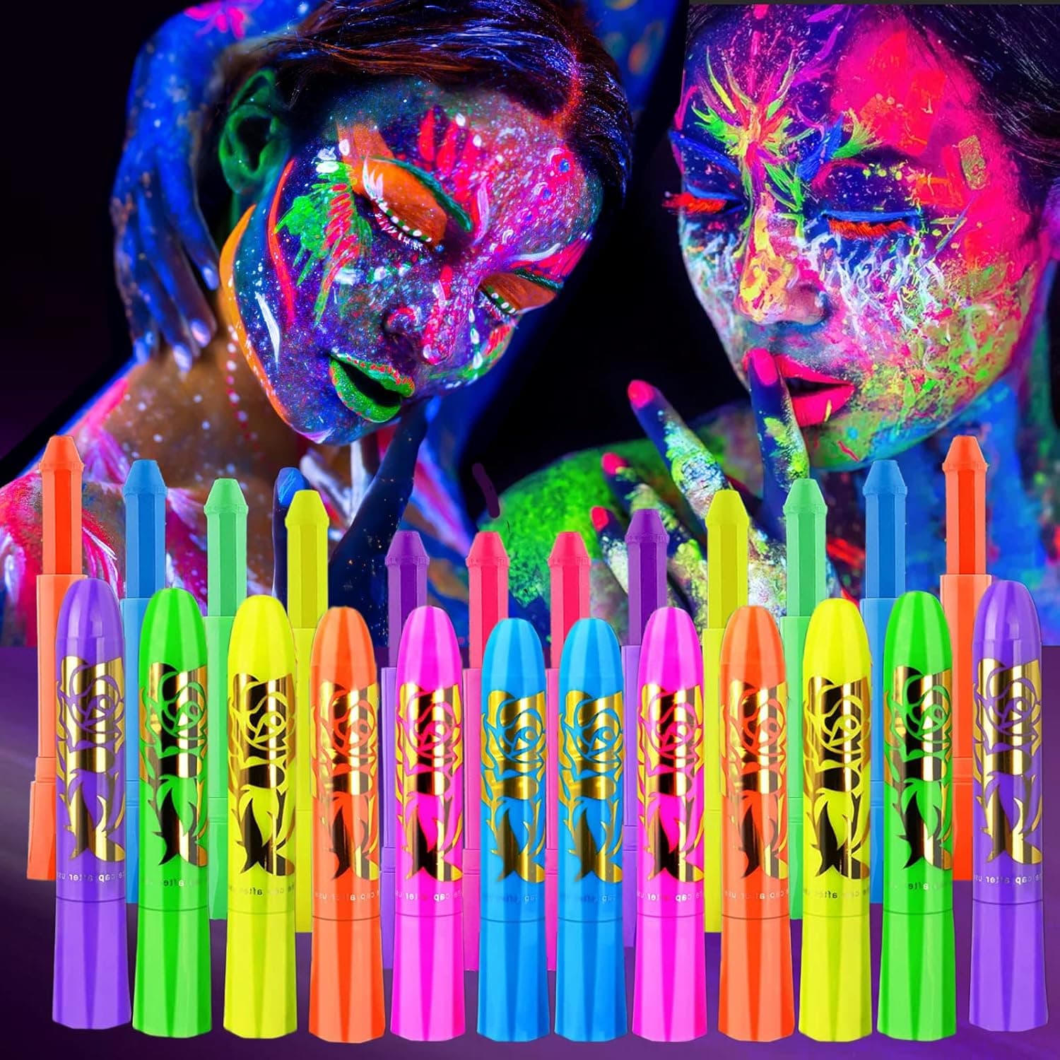 12 PCS Glow Face Body Paint, Glow In The Dark Under UV Black Light Sticks Makeup Neon Face Painting Kits para sa Adult Halloween Festival Accessory Glow Party Supplies - Image 2